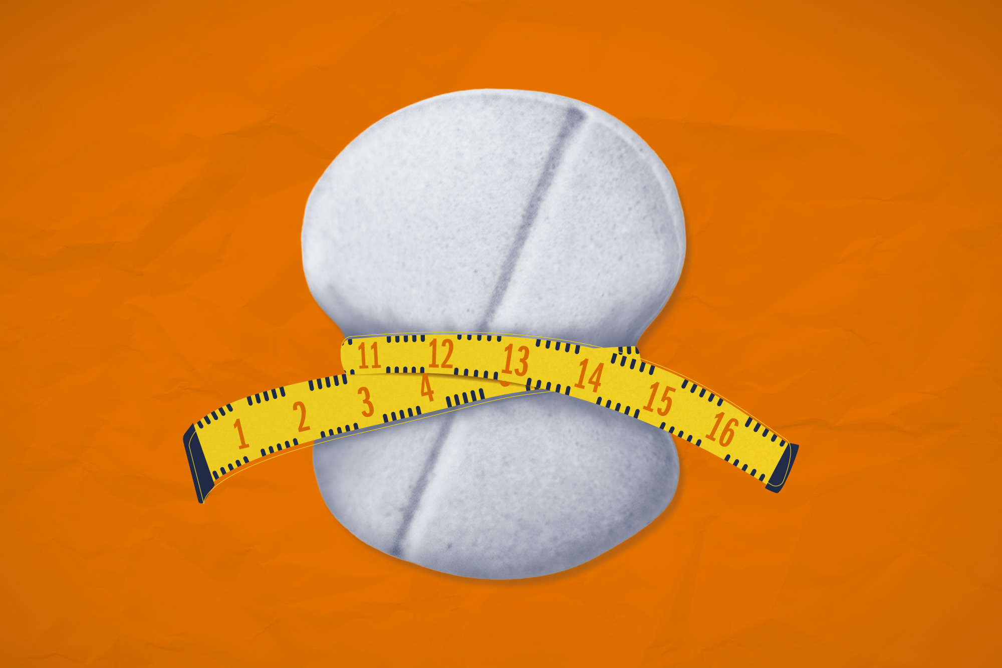 Weight loss pill being squeezed by a tape measure graphic