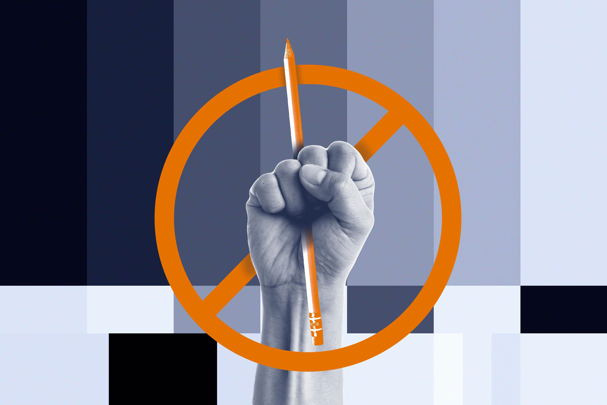 Fist holding a pencil with a "no" circle around it