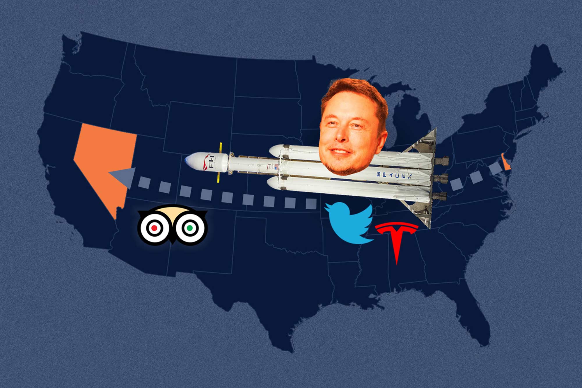 Graphic of Elon Musk's face on a SpaceX heading toward Nevada
