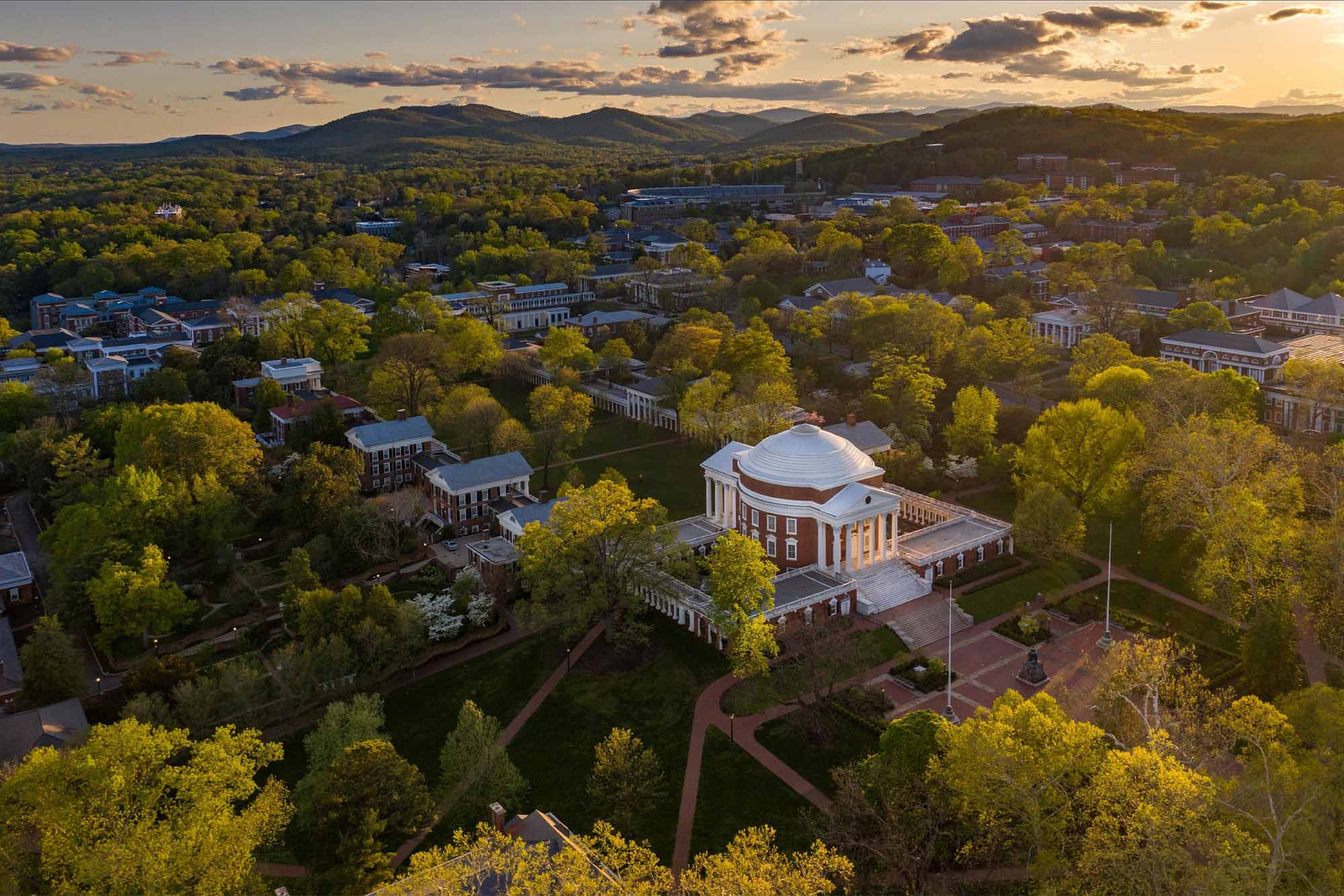 Aerial view of UVA Grounds overlooking the Rotunda and the Academical Village