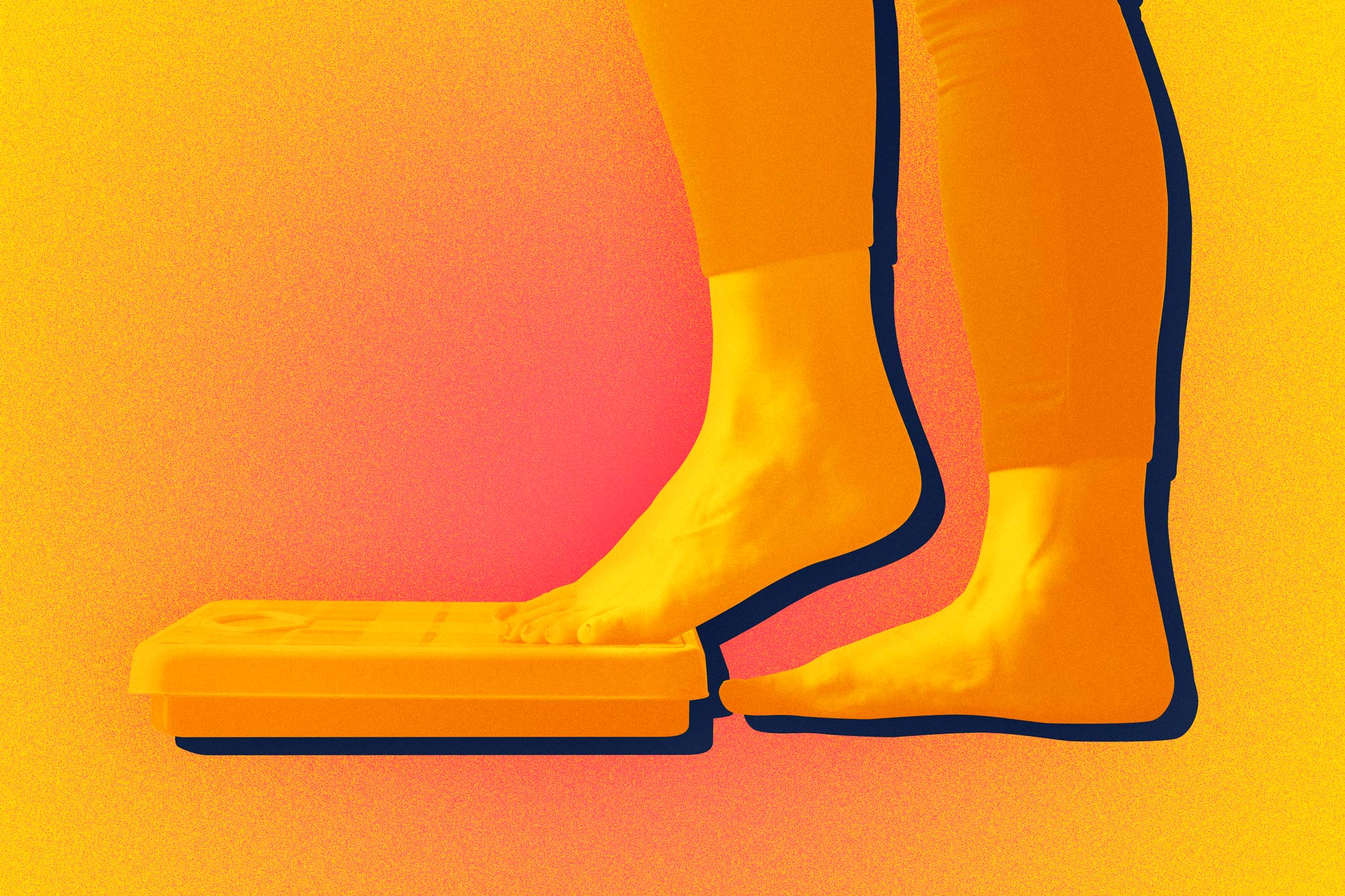 Orange and Red image of a persons legs with one foot stepping onto a weight scale and one foot on the floor