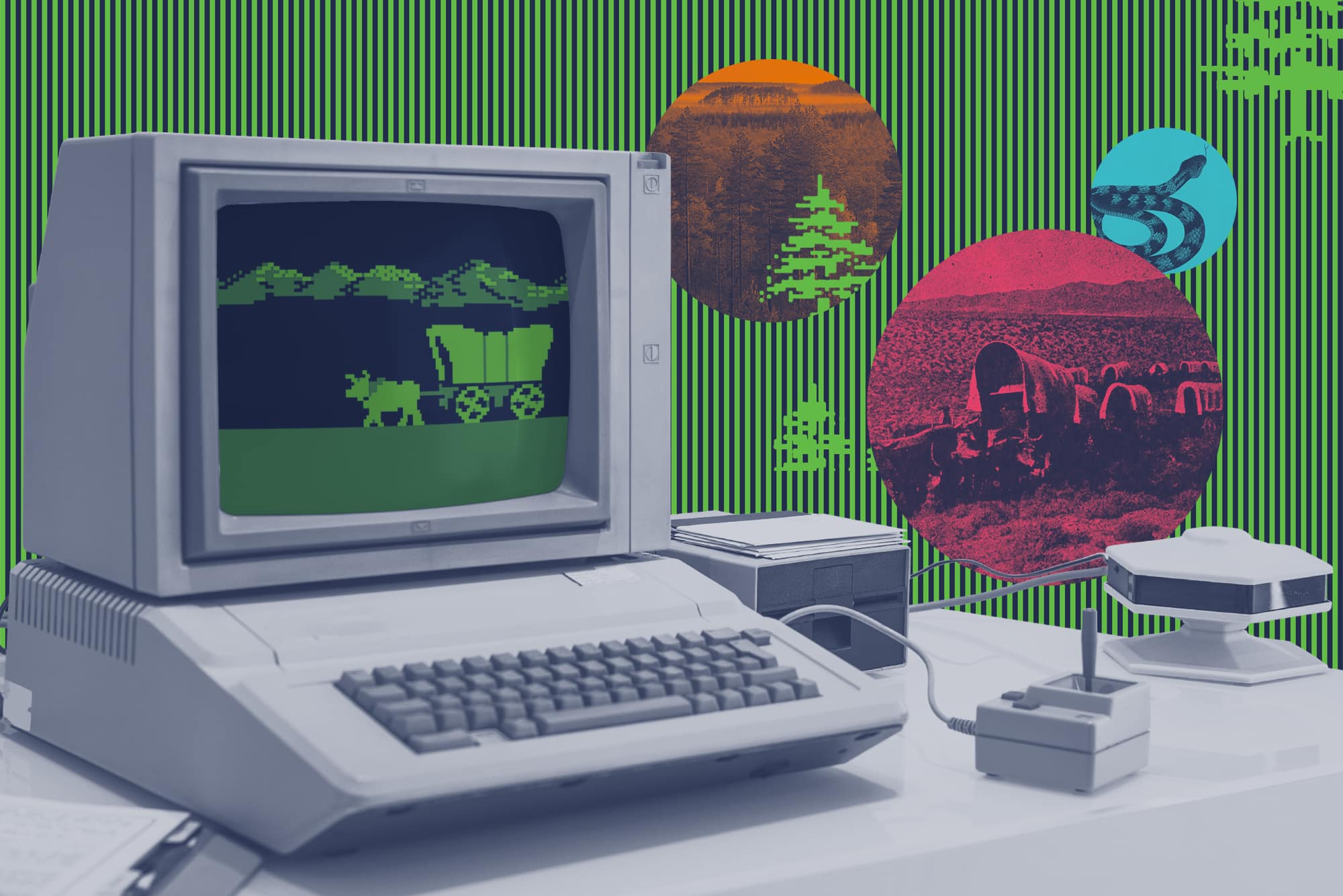 Illustration of 1980s computer monitor with a pixelated ox pulling a wagon