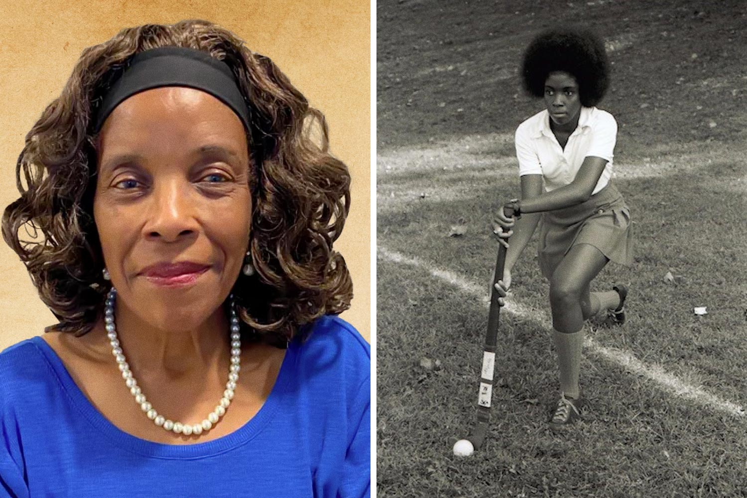 Portrait of Paulette Jone Morant and a black and white action shot of her playing field hockey