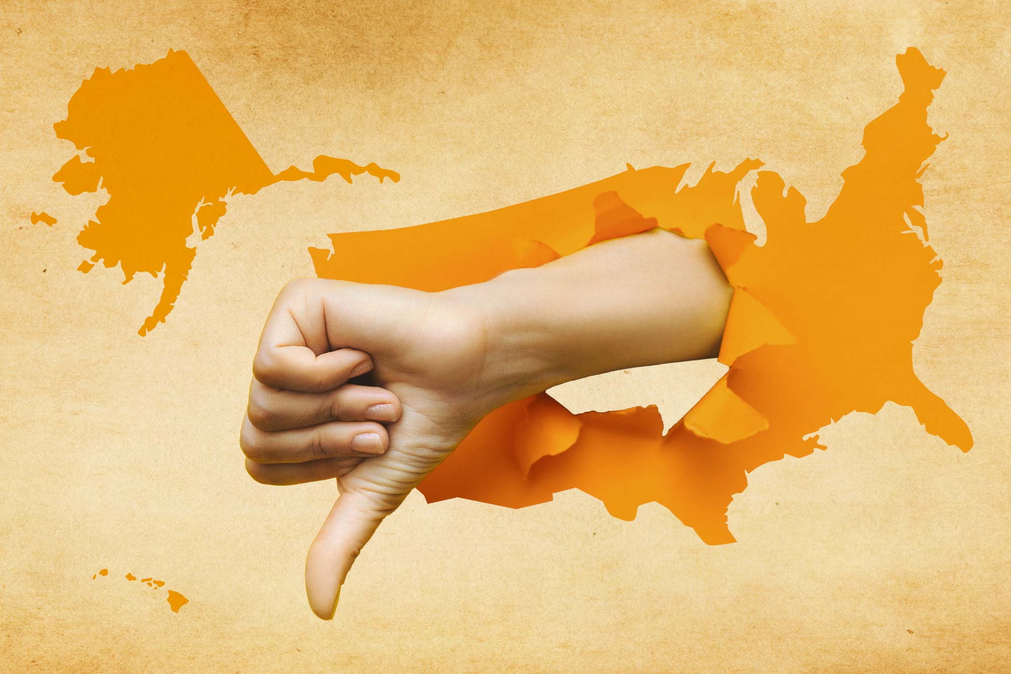 Illustration of a hand coming out of a map of the United States giving a thumbs down