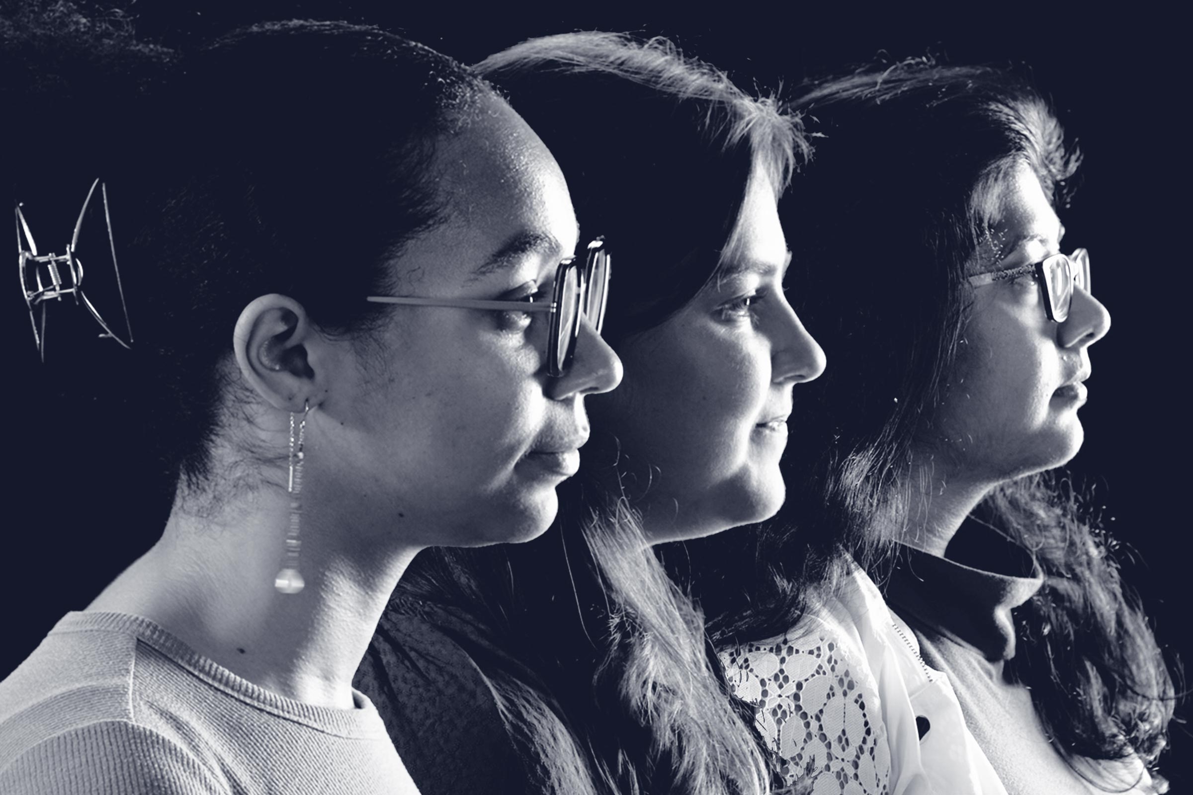 Black and white portraits of Isabella Salcedo, Joanna Clark and Sonia Chandra in profile