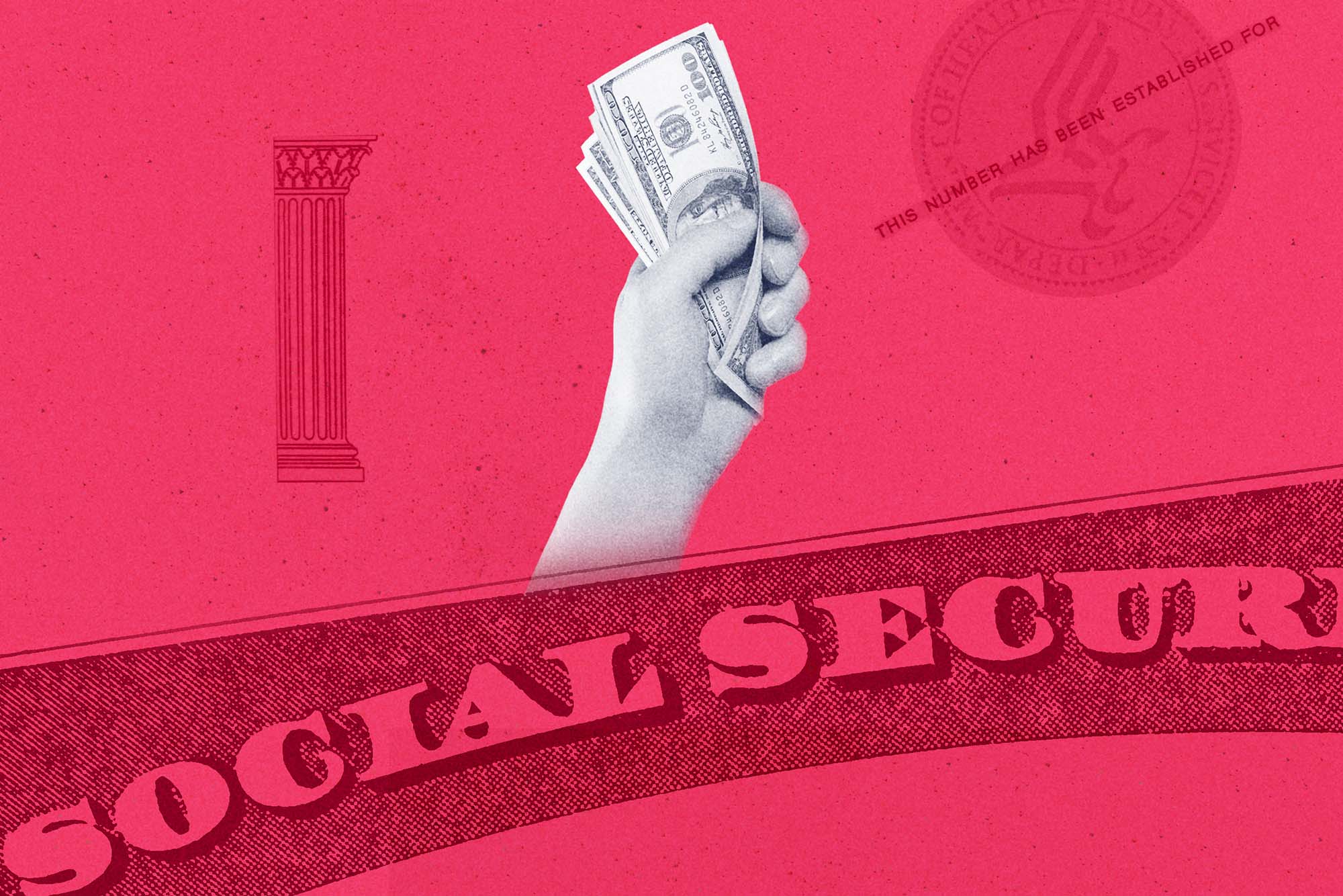 Illustration with a hand holding multiple 100 dollar bills and the top of a Social Security Card