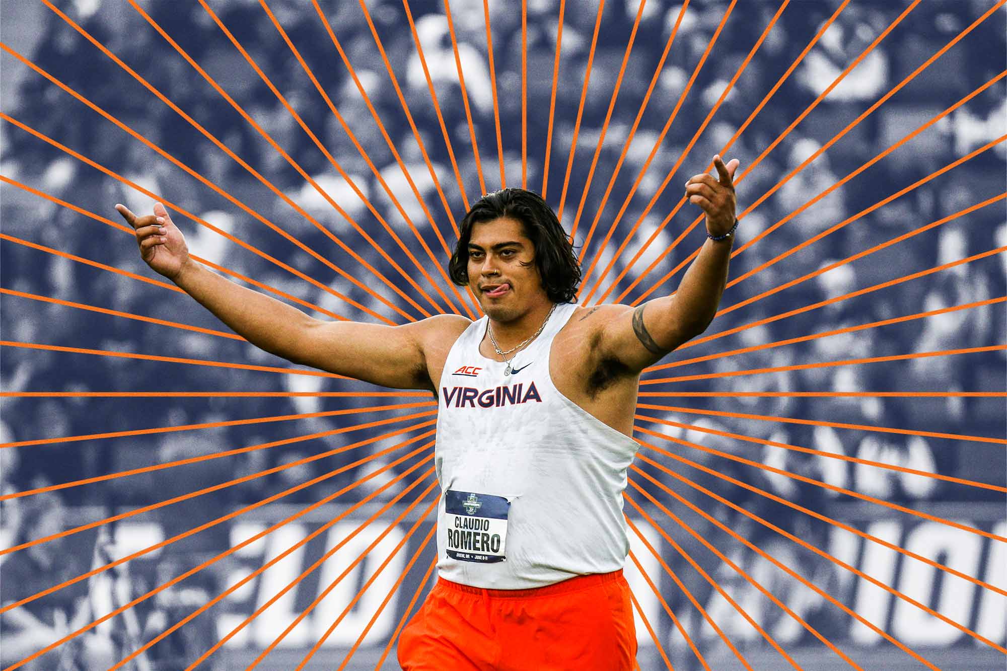 Claudio Romero stands with his arms outstretched victoriously. Orange lines radiate from behind him.