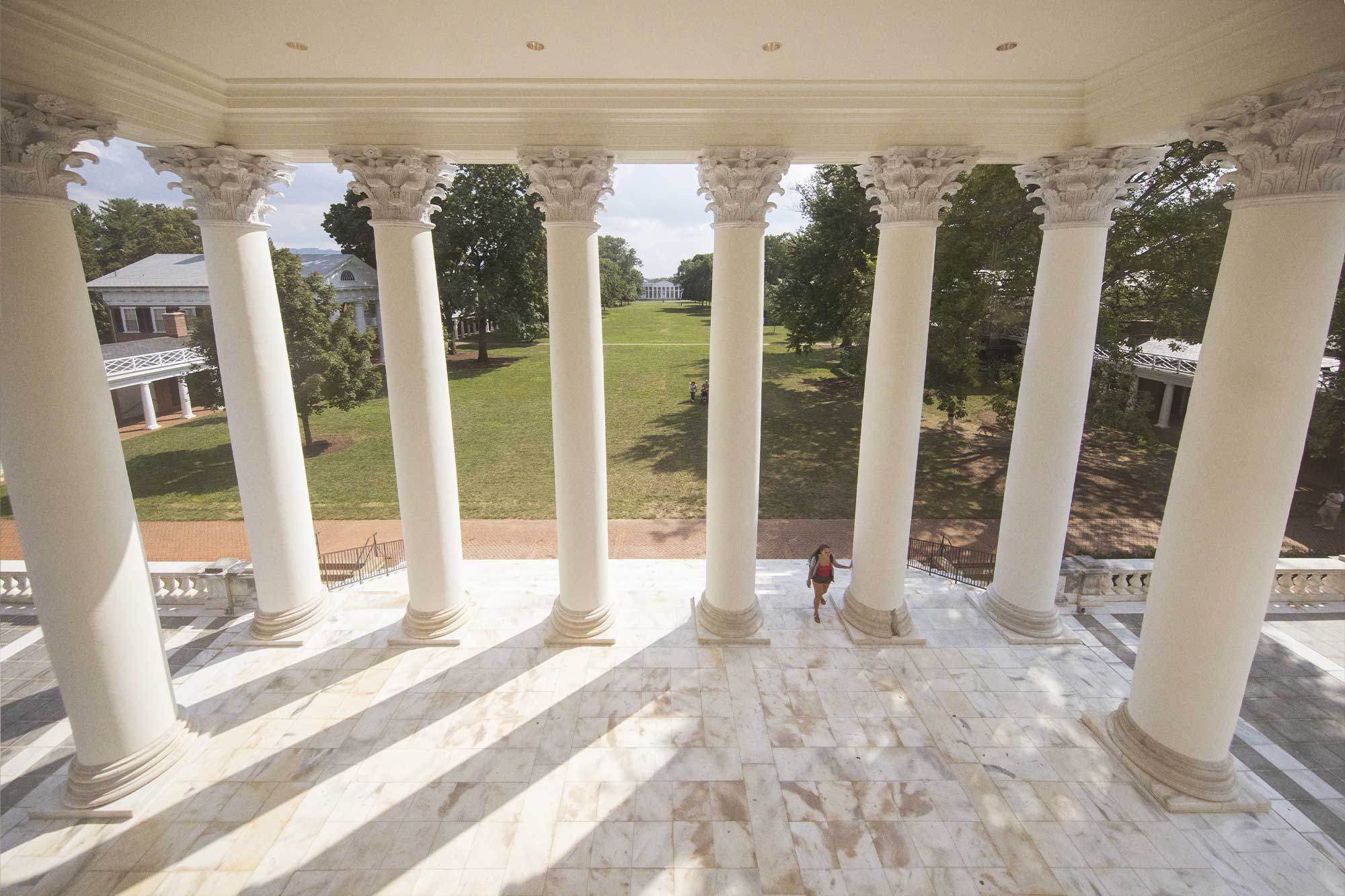 The Lawn is visible through the columns of the Rotunda