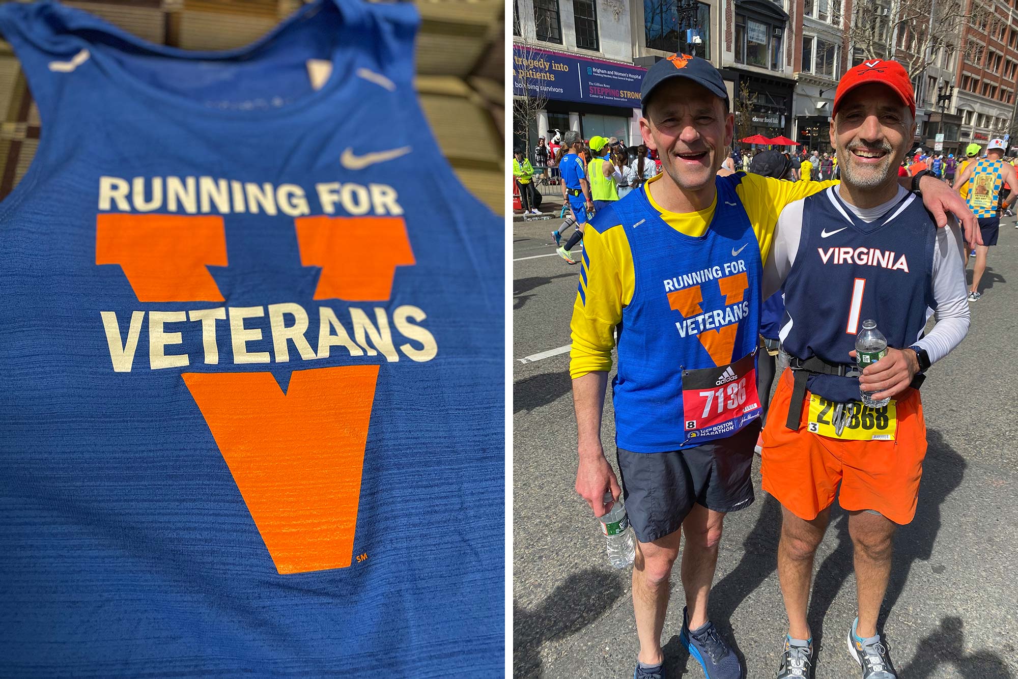 Left, a blue jersey with an orange V and the words Running for Veterans. Right, Jim Ryan and Bill Antholis in running gear pose for a photo