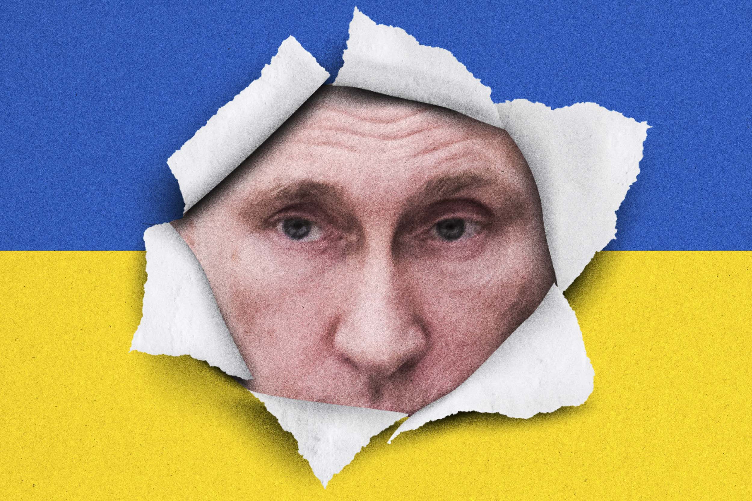 Ukraine flag with Puttin's face busting through the middle