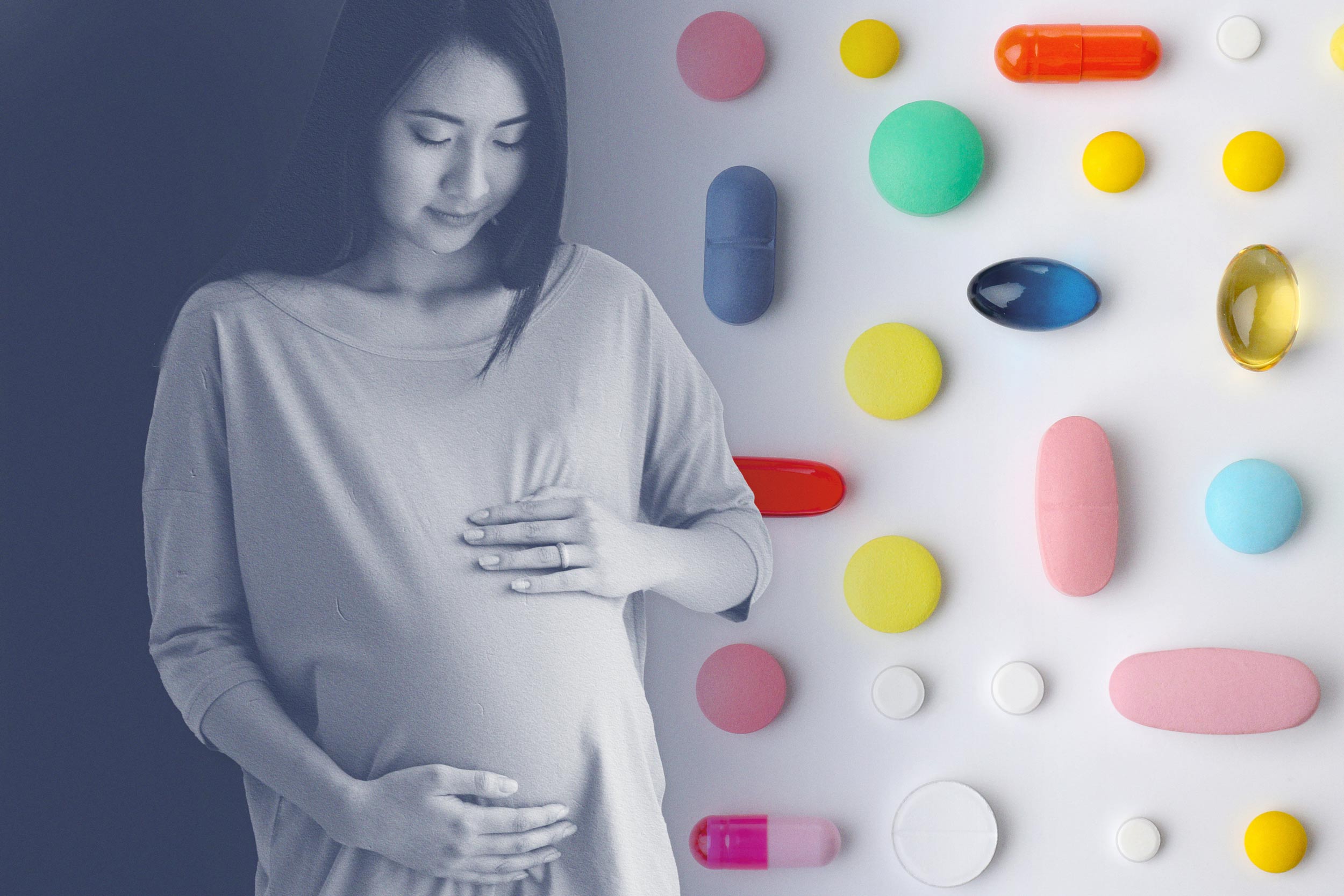 illustration of a Pregnant woman holding her stomach with the background full of pills