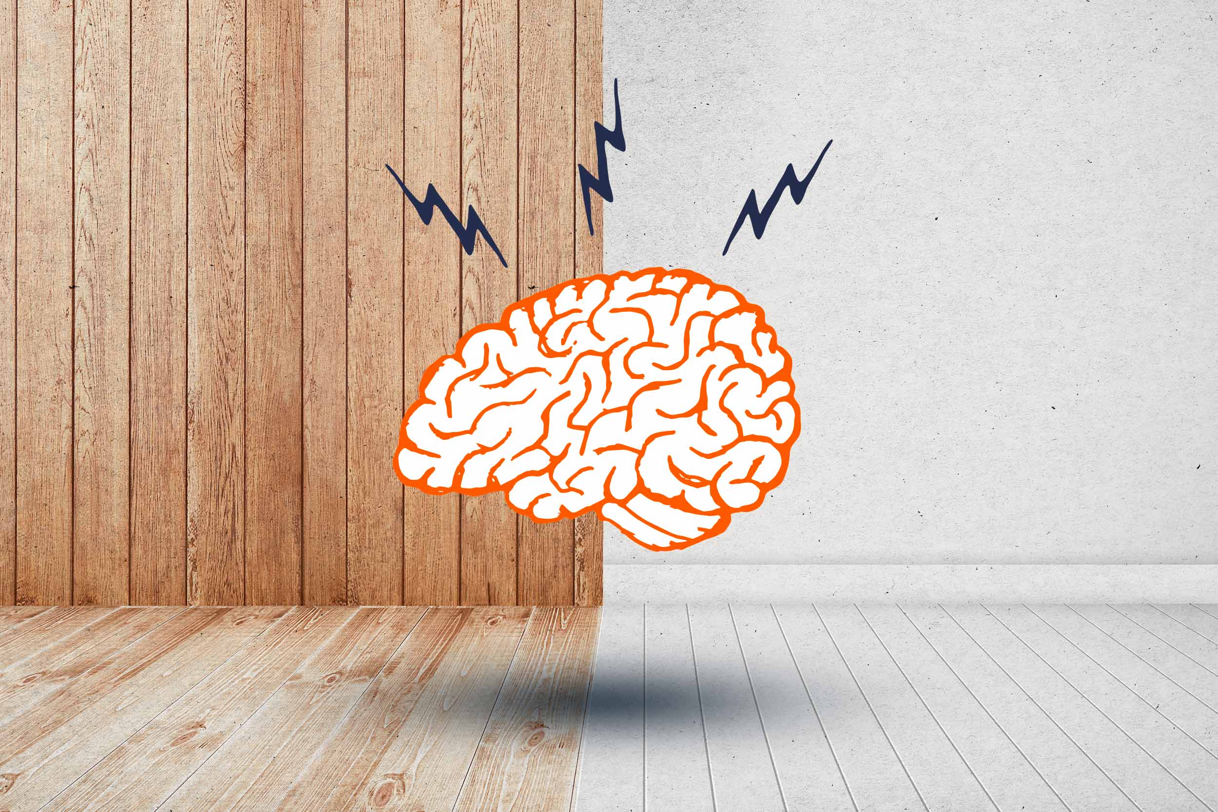 A illustration of a brain with lightning bolts above it with a background of equal parts wood and drywall