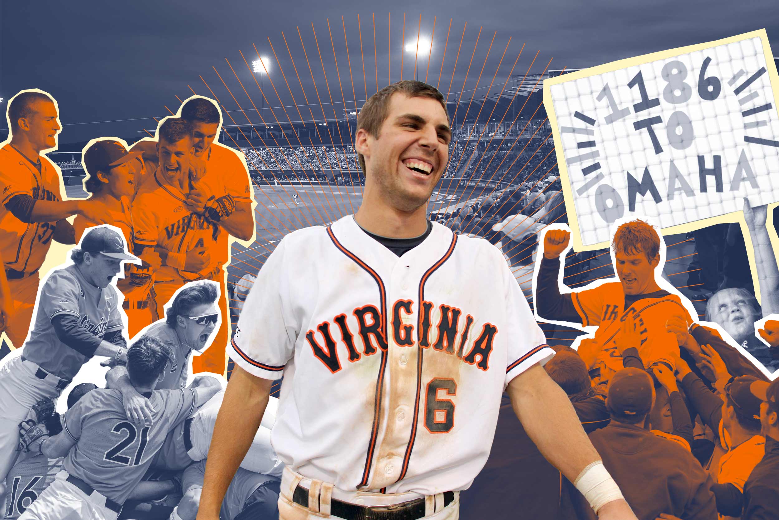 A colored collage of UVA blue and orange baseball players through the years