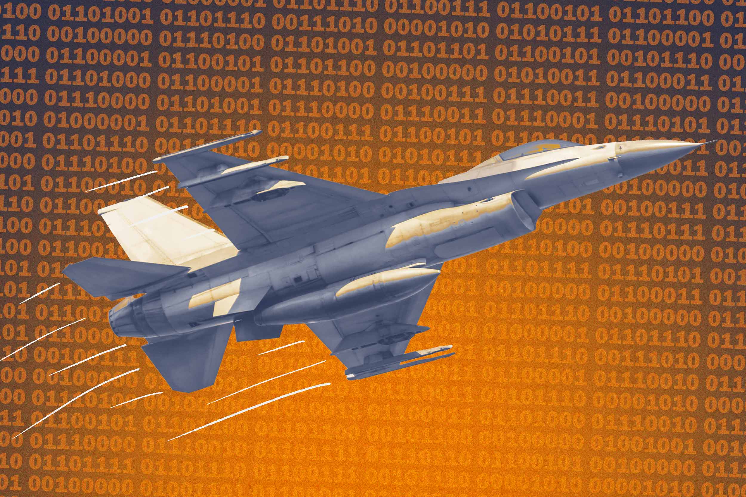 Illustration of a fighter jet flying over a screen full of binary code