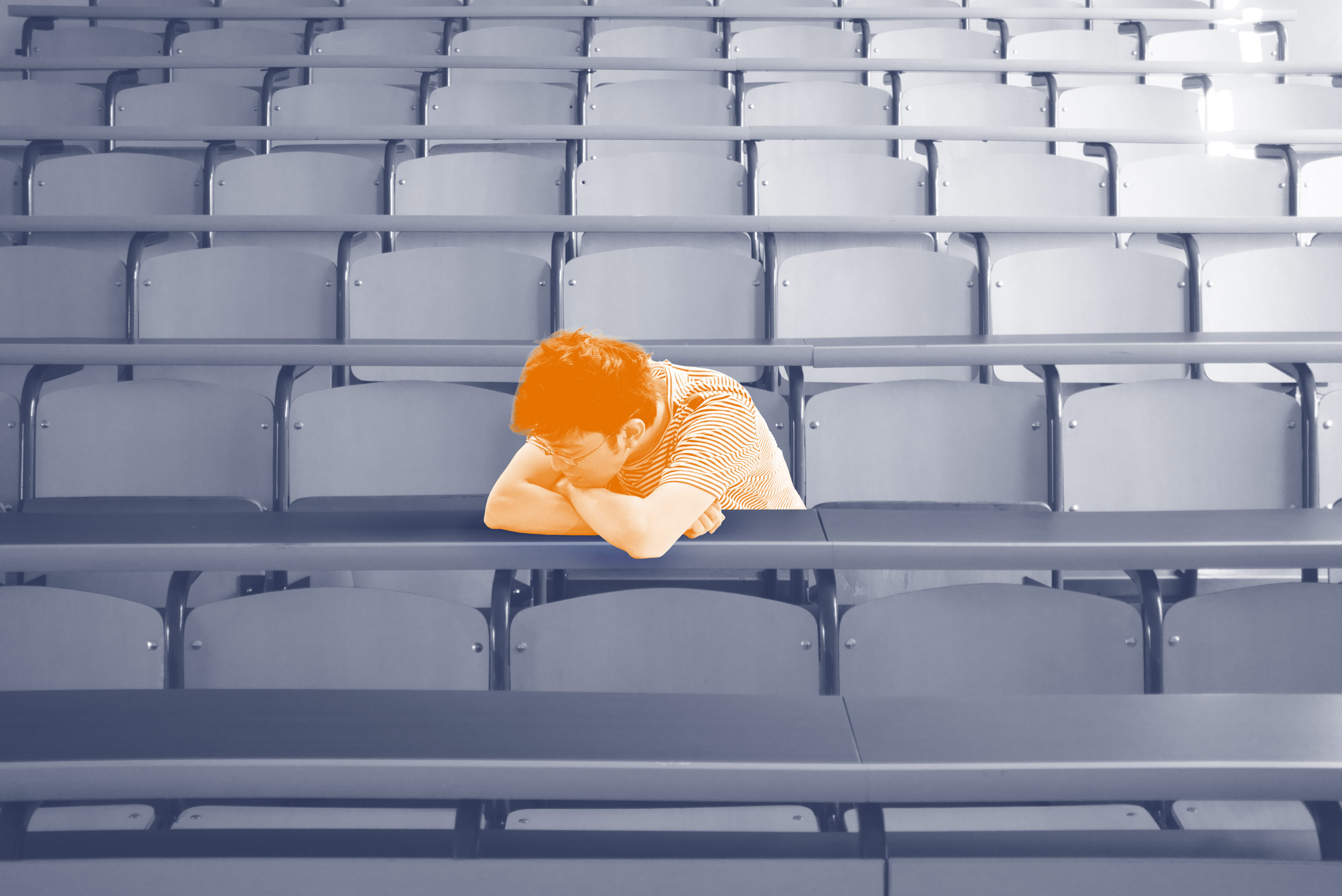 Illustration of a boy sitting alone in the center, surrounded by empty chairs.