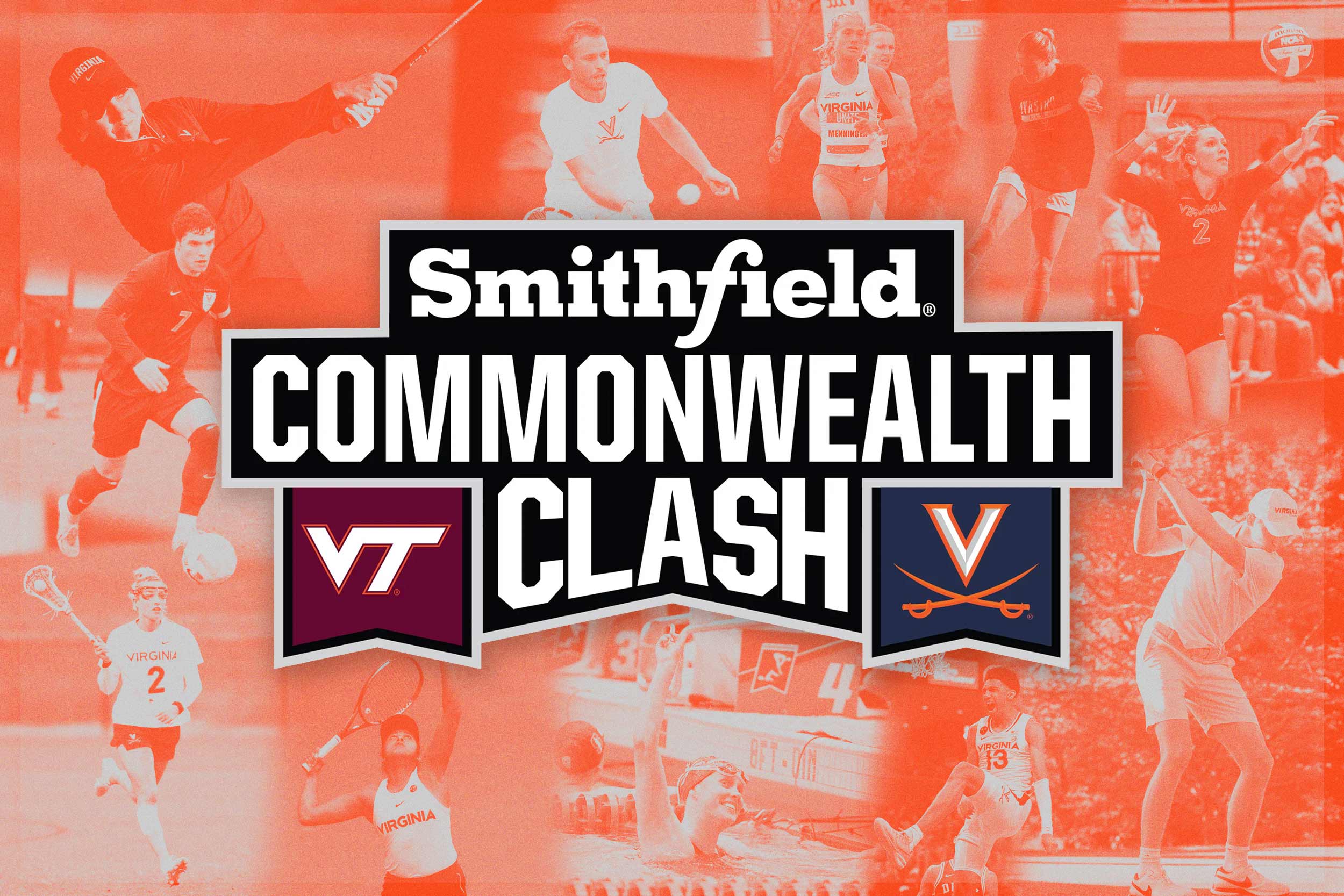 Collage graphic with text that reads Smithfield Commonwealth Clash with a Virginia Tech on the left side of the word clash and U V A flag on the right side of clash