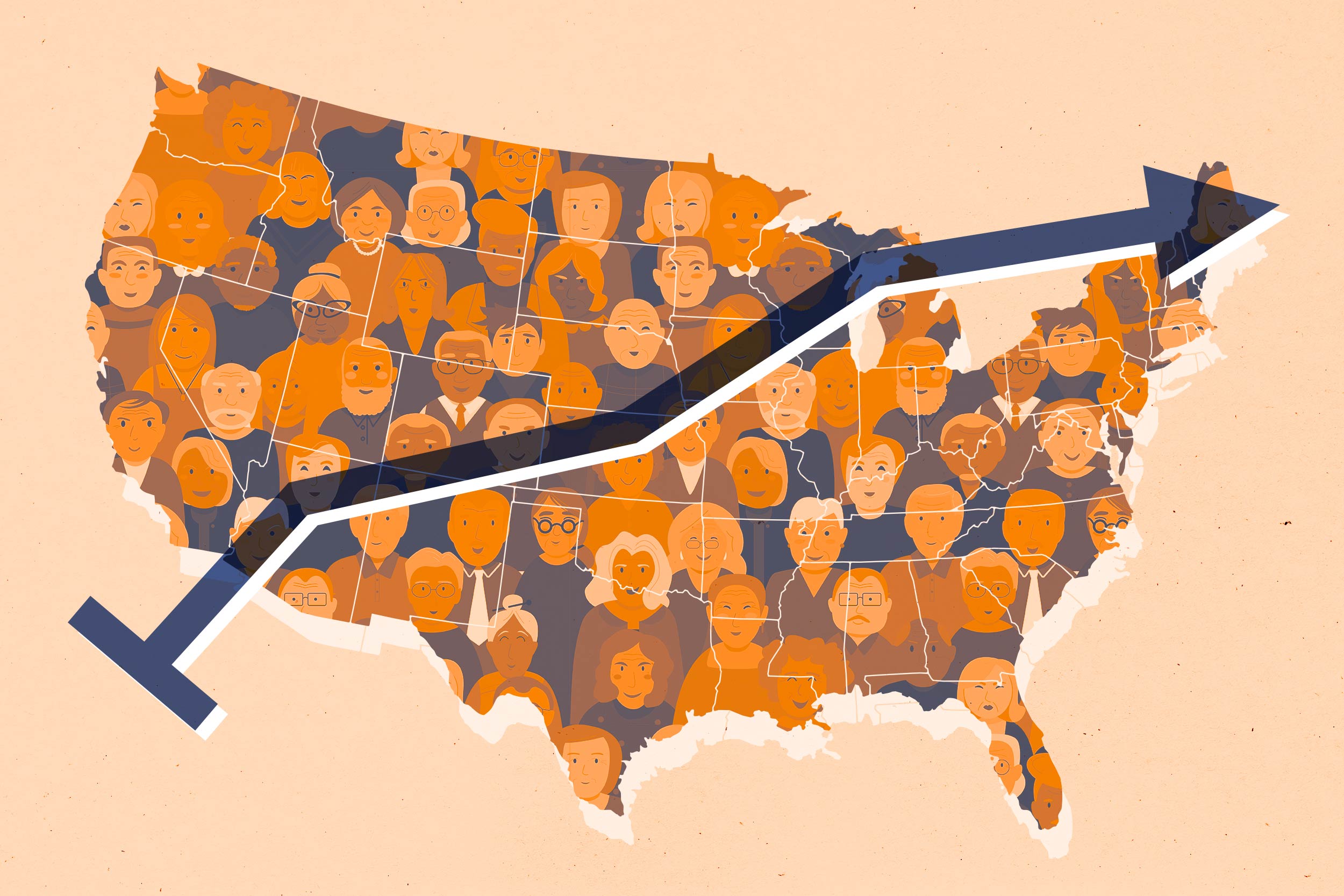 Illustration of a U.S. map depicting population growth.