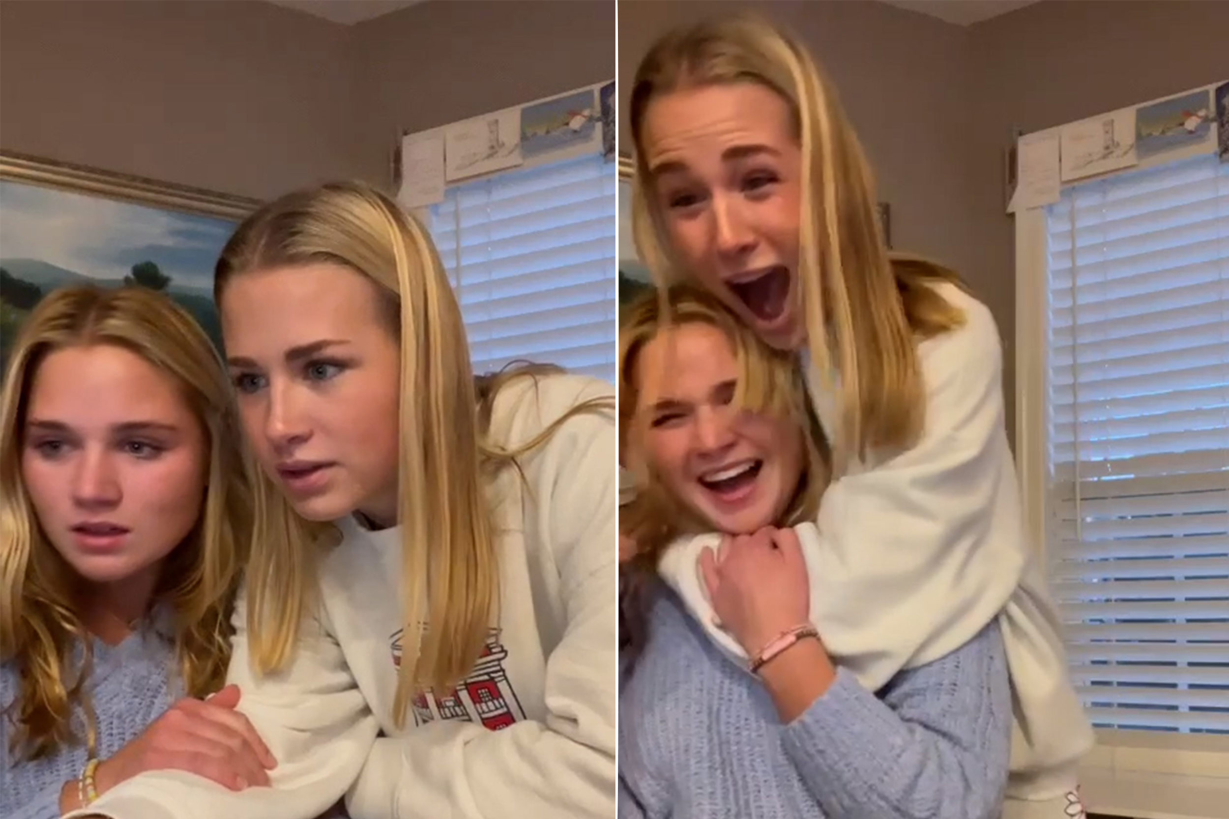 Sisters Sarah Beth Robinson and Anne Charlotte reacting with joy as they find out Sarah beth has been accepted to UVA