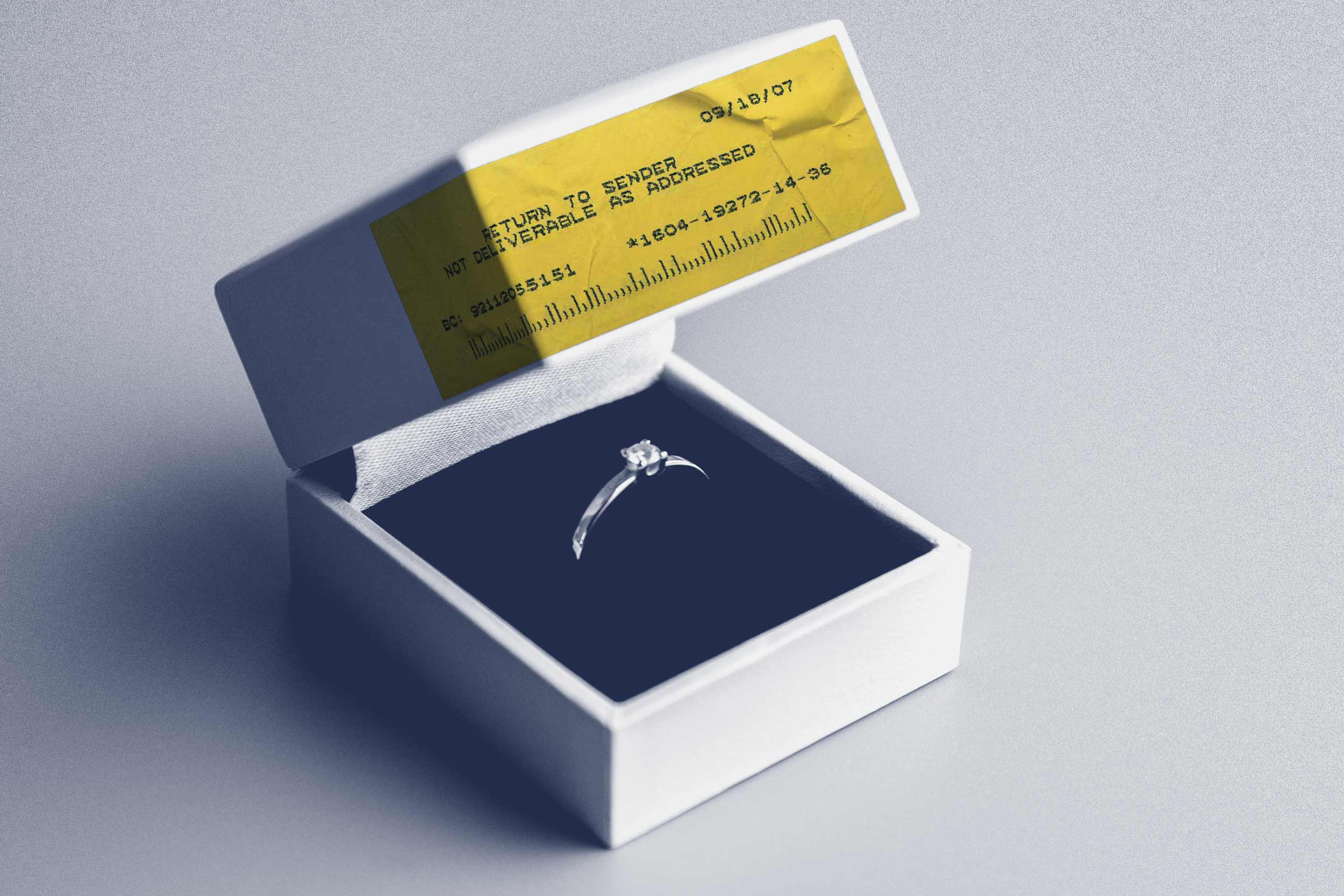 Illustration of an engagement ring in a box with a return to sender lable