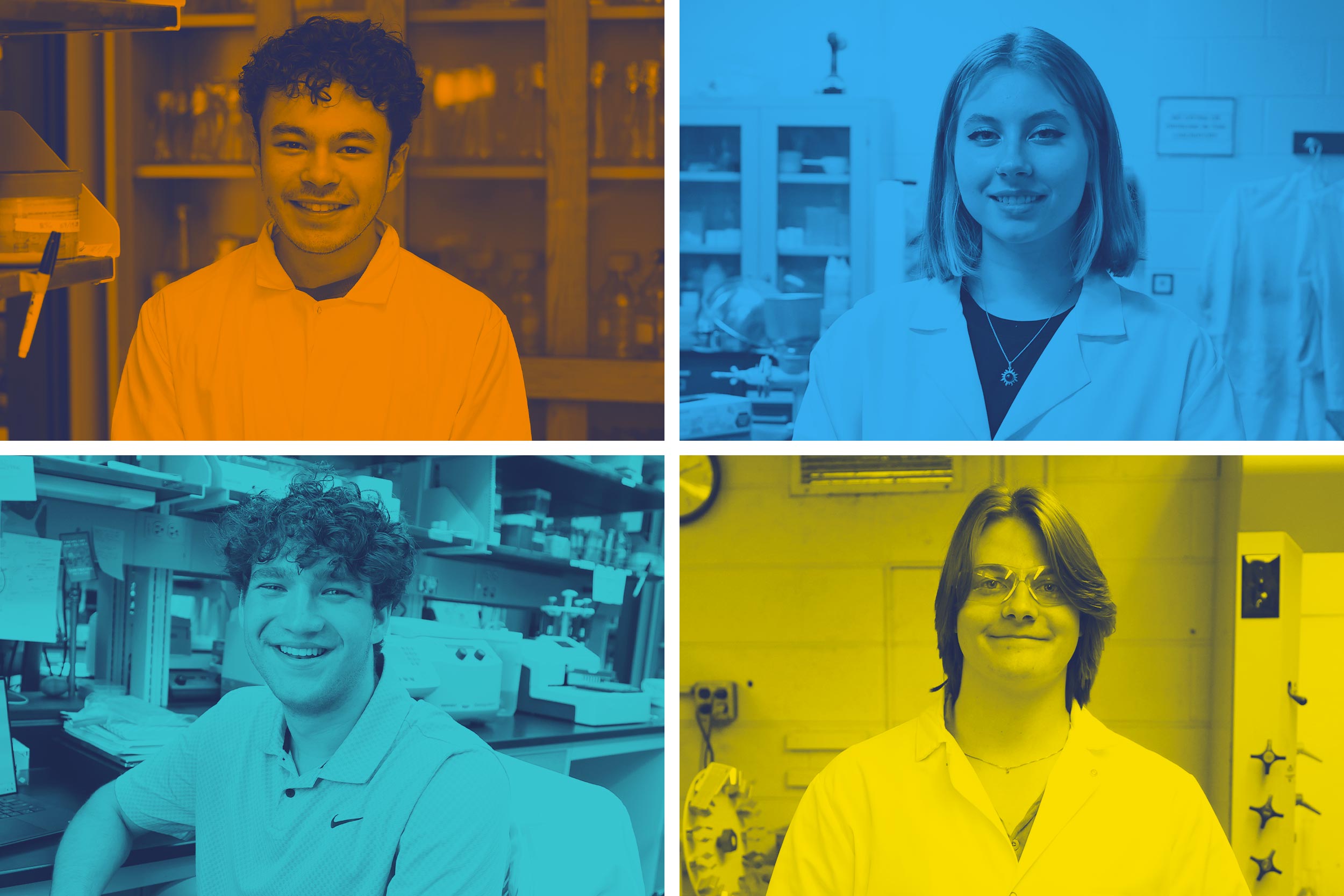 A colored collage of four students who are receiving funding for lab research