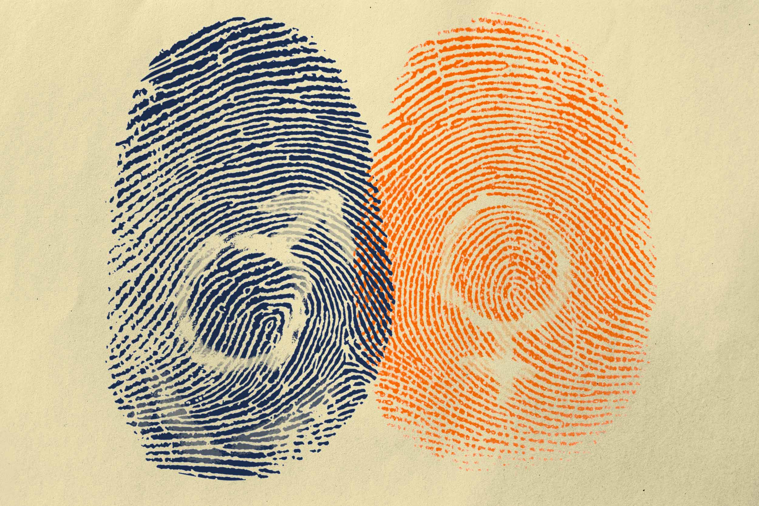 Two fingerprints, one in blue and one in orange, with different gender symbols in each