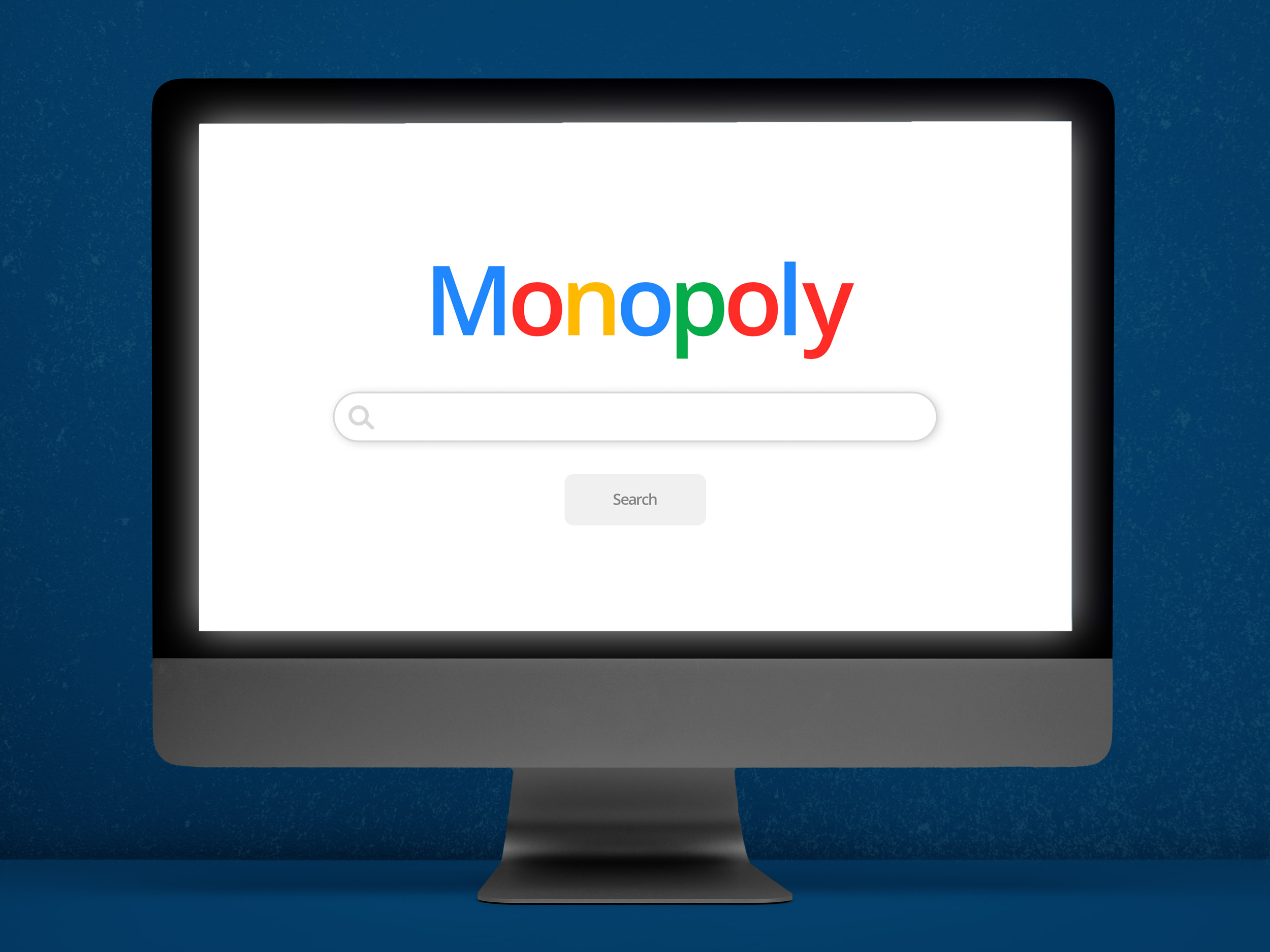 A graphic illustration of a monitor showing a new Google browser window, except instead it reads "Monopoly" in the Google colors.