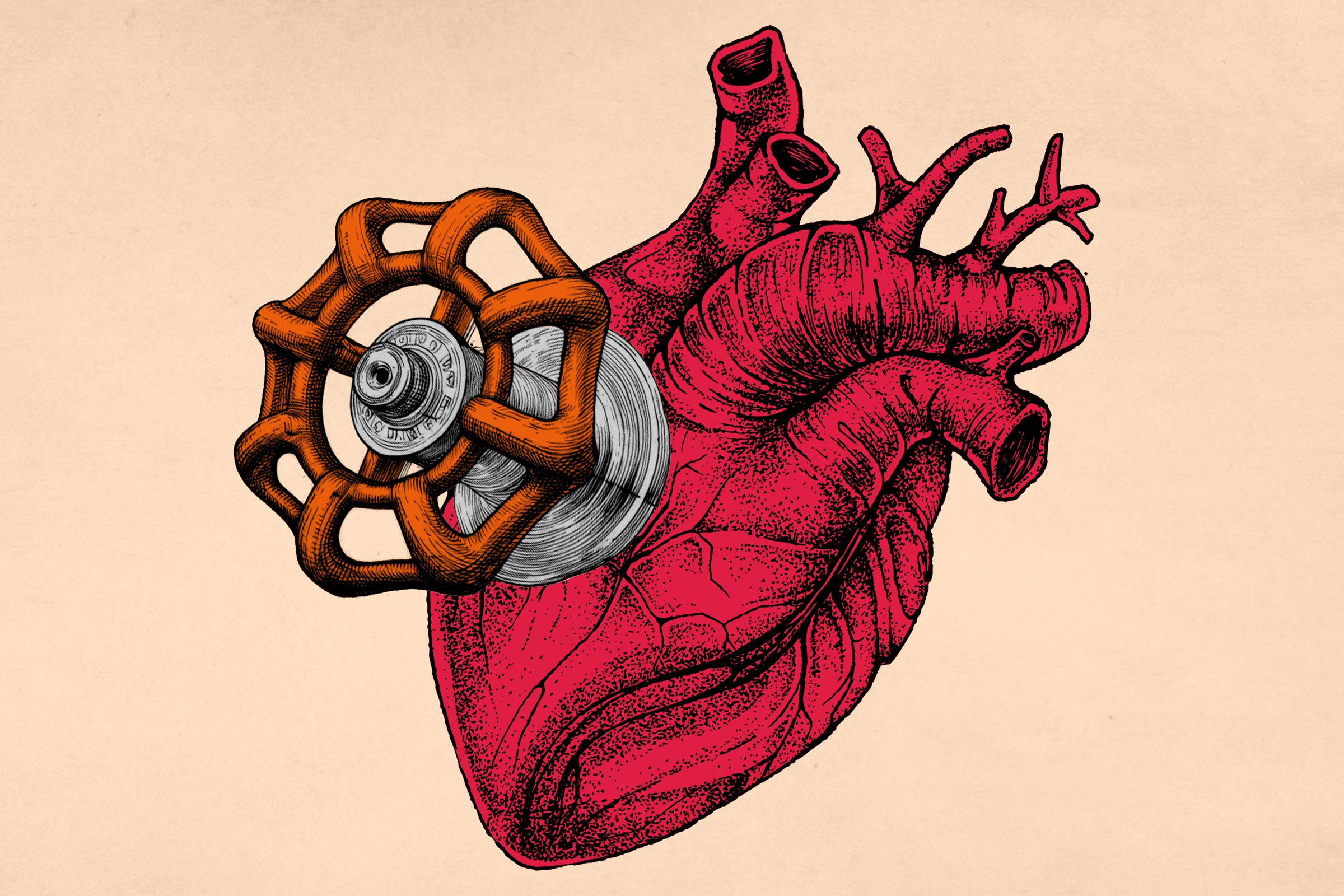 Illustration of a Heart Attached to a Lawn Faucet Wheel Handle.