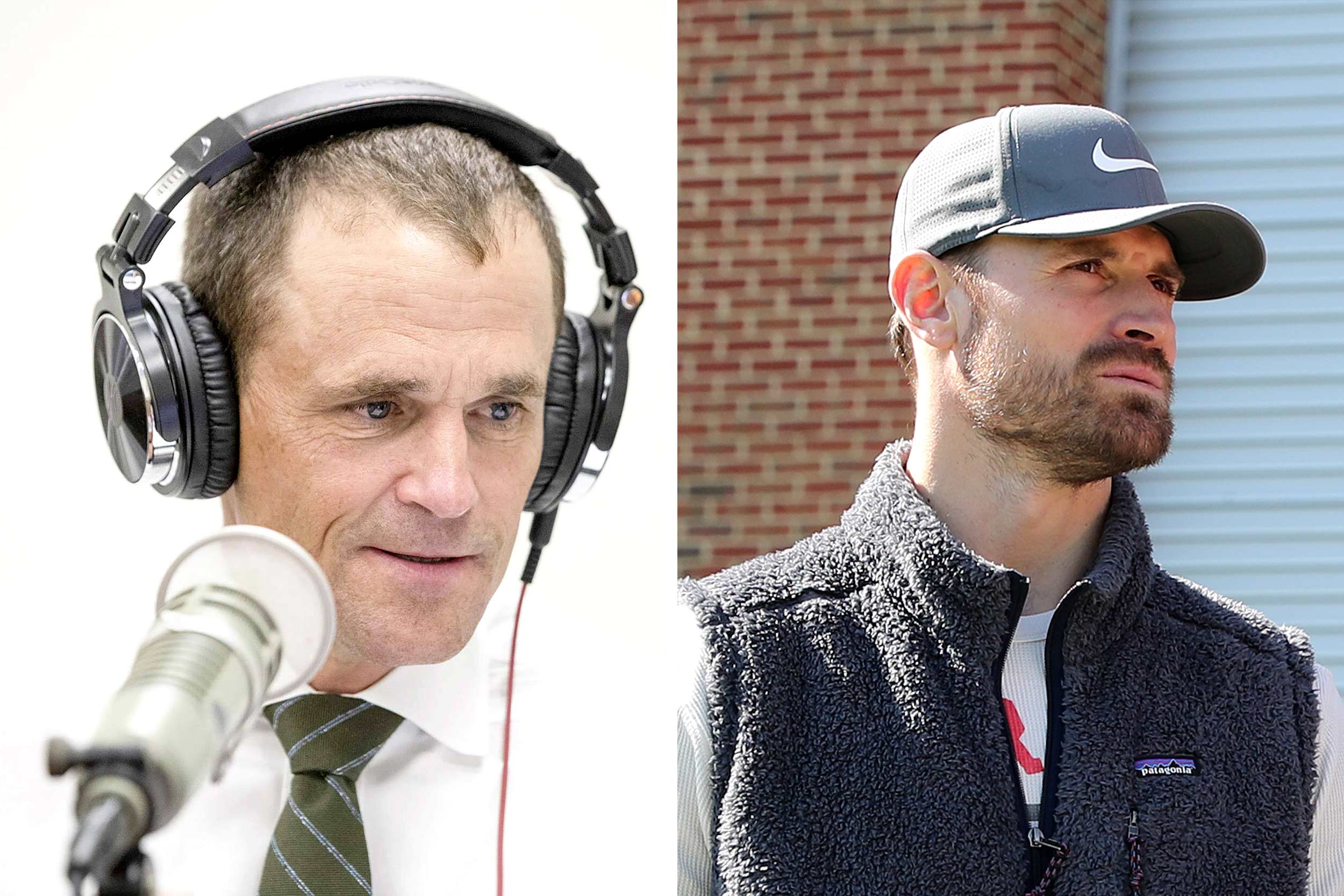President Jim Ryan on the left with headphones and podcast mic in frame and a portrait of podcast guest Chris Long on the right