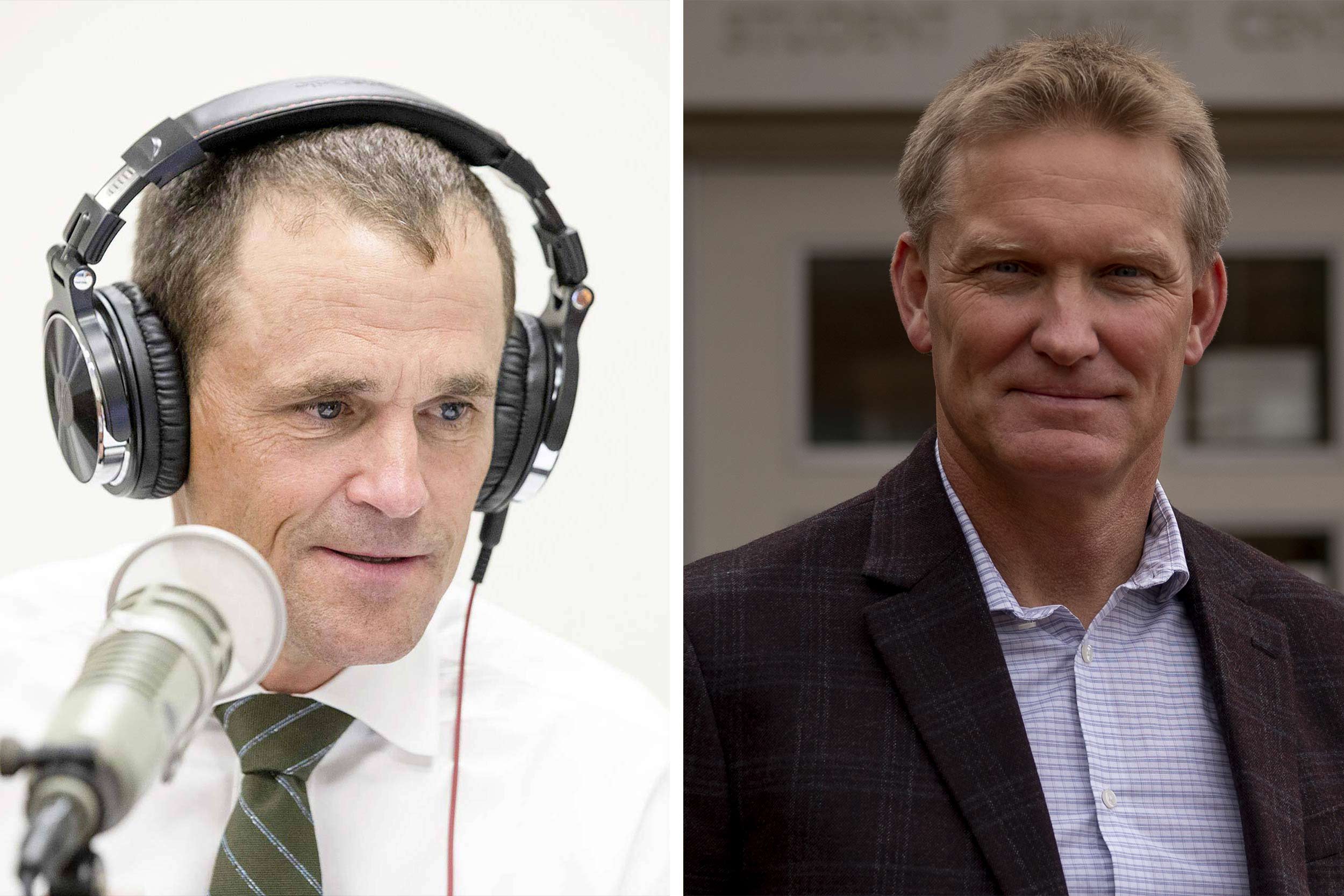 Portrait of Jim Ryan with headphones and a mic on the left, portrait of Dr. Christopher Holstege on the right