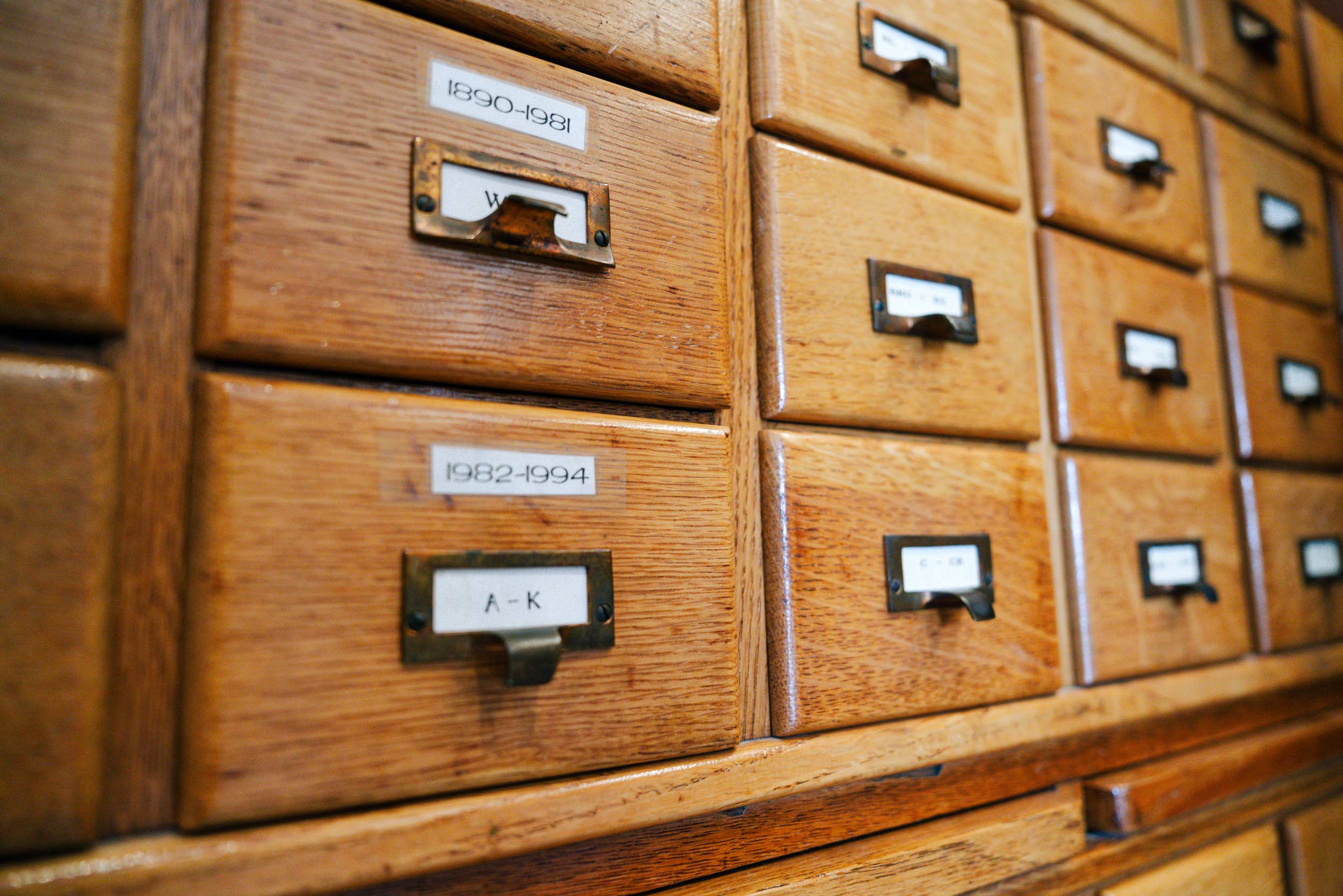 A close up of the last UVA library card catalog