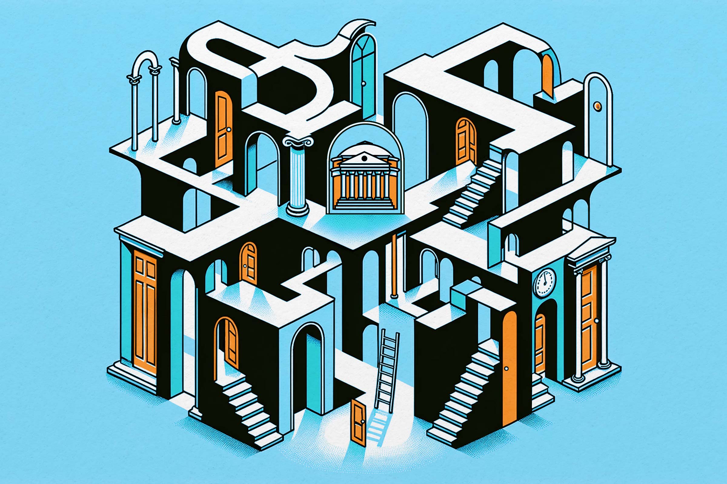 A graphic illustration of a 3D maze indicating many choices of pathes that lead to different places