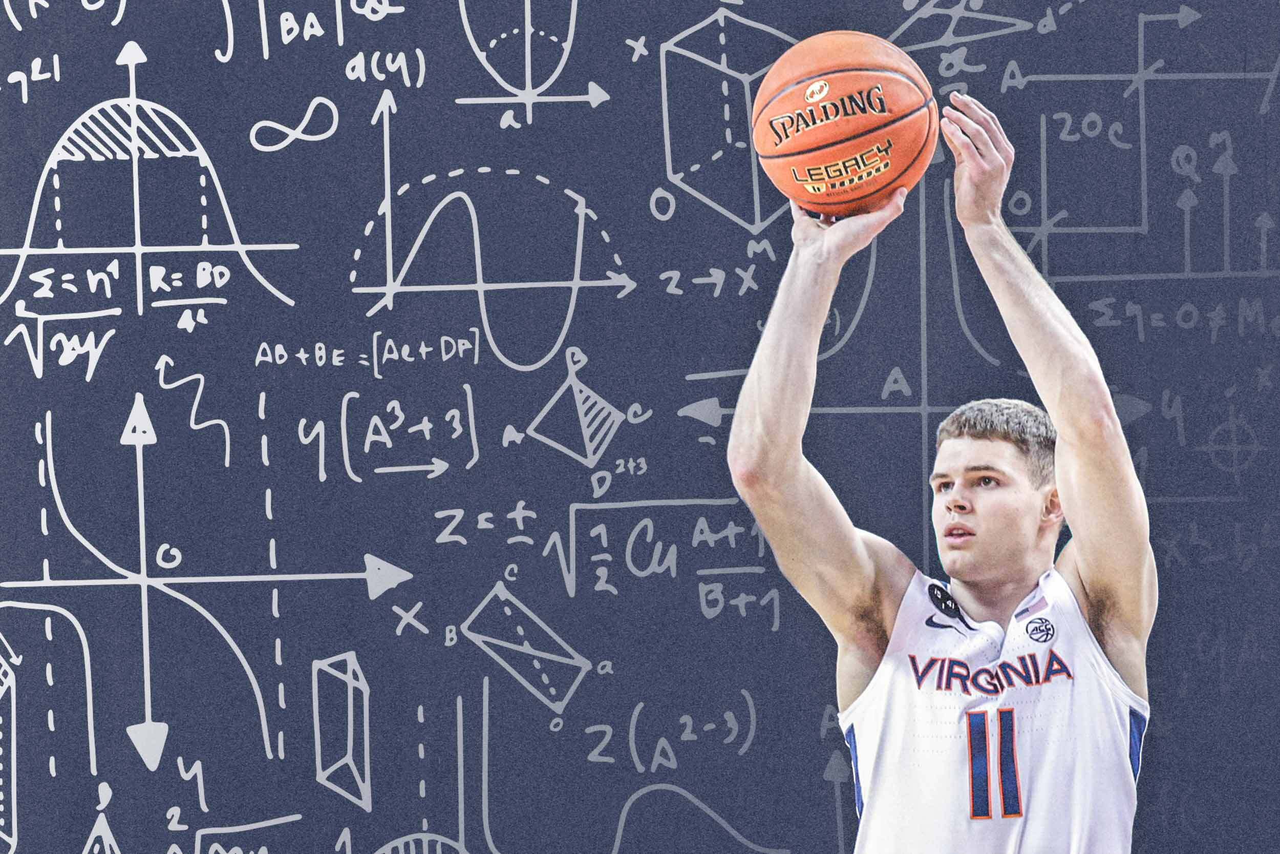 Issac goes up for the basket with physics equations in the background of the graphic