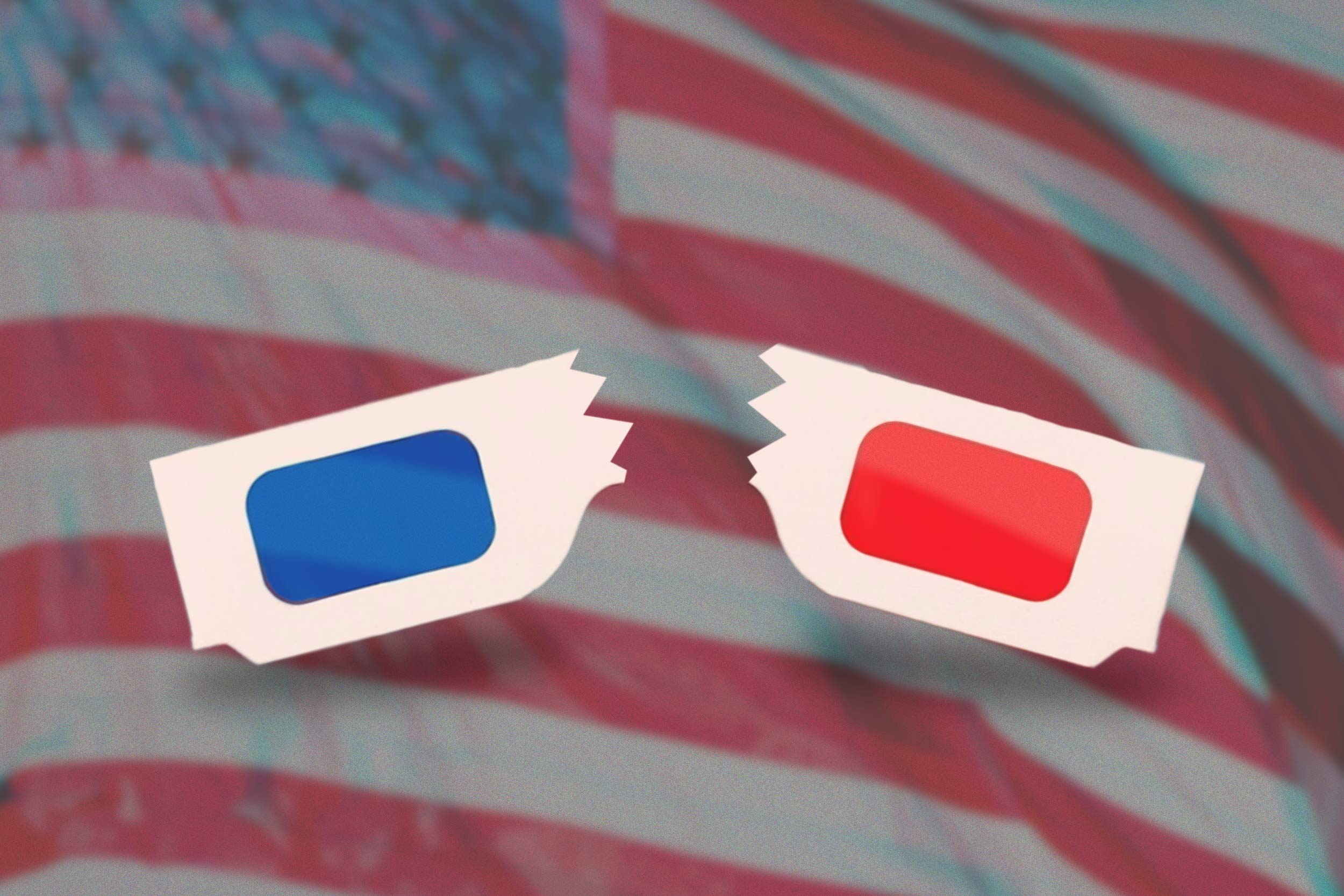 Illustration of classic blue and red 3D glasses broken in half over a 3D U.S. flag