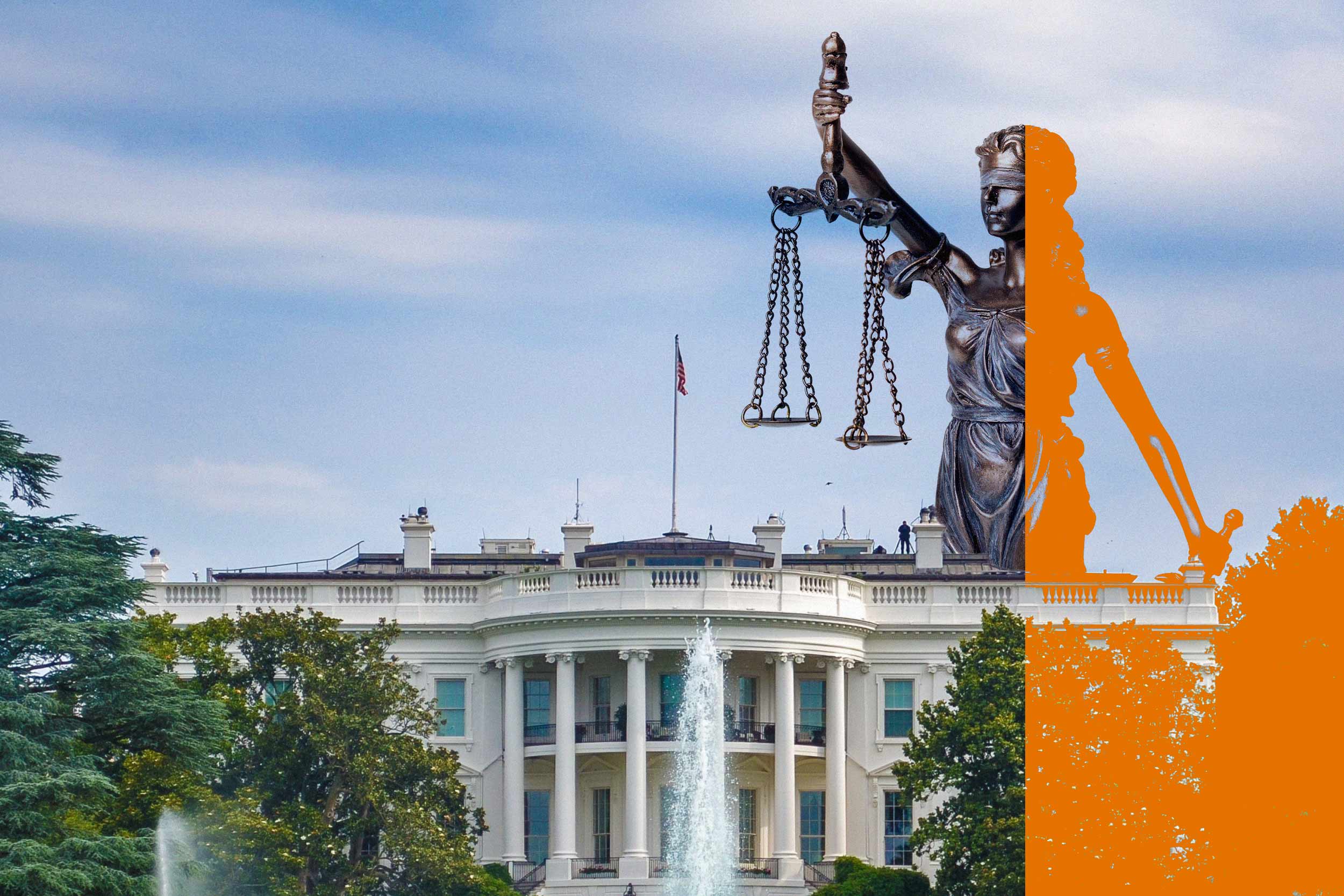 Illustration of Lady Justice overlaying the White House
