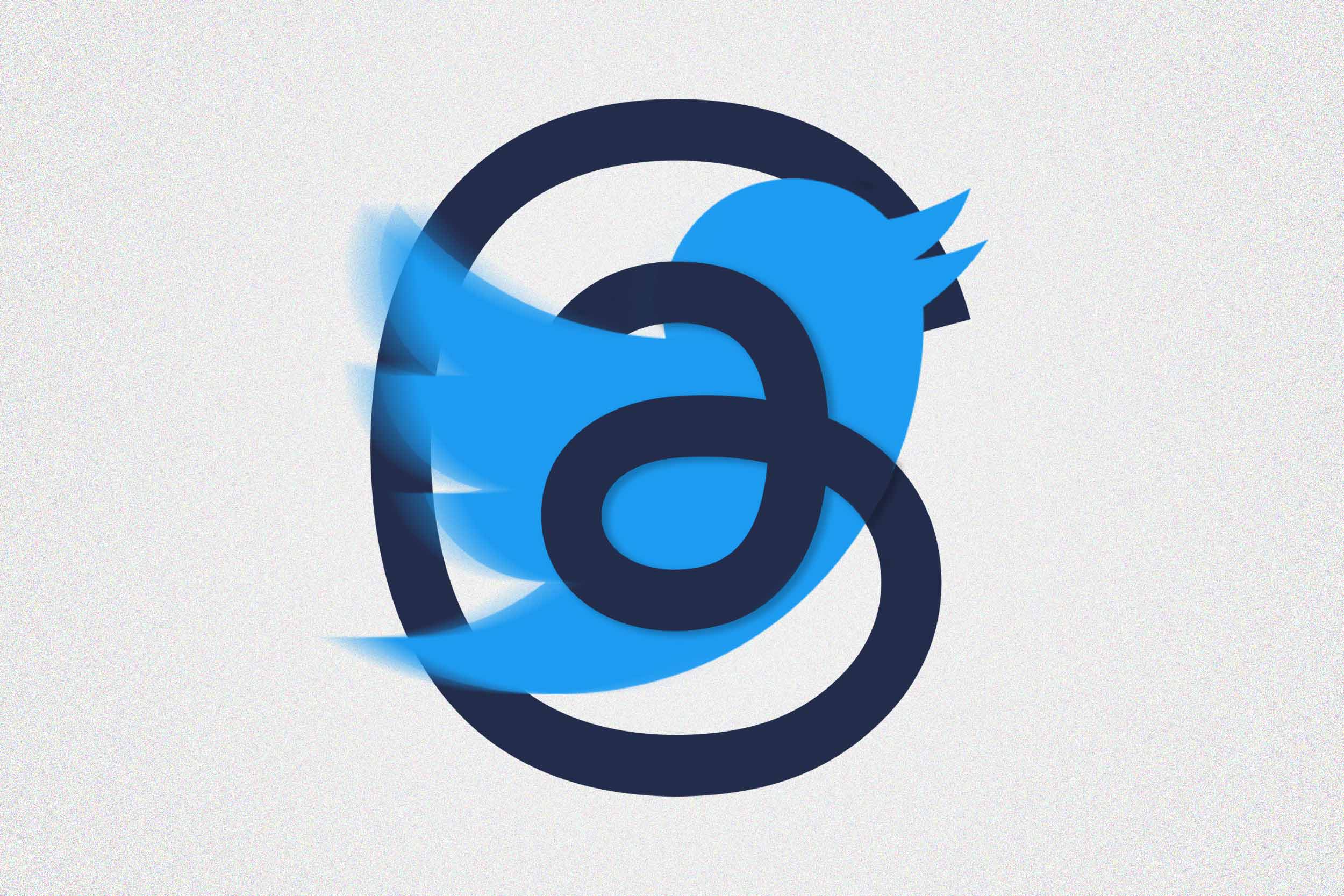Illustration of the Twitter bird icon wrapped in the Threads icon
