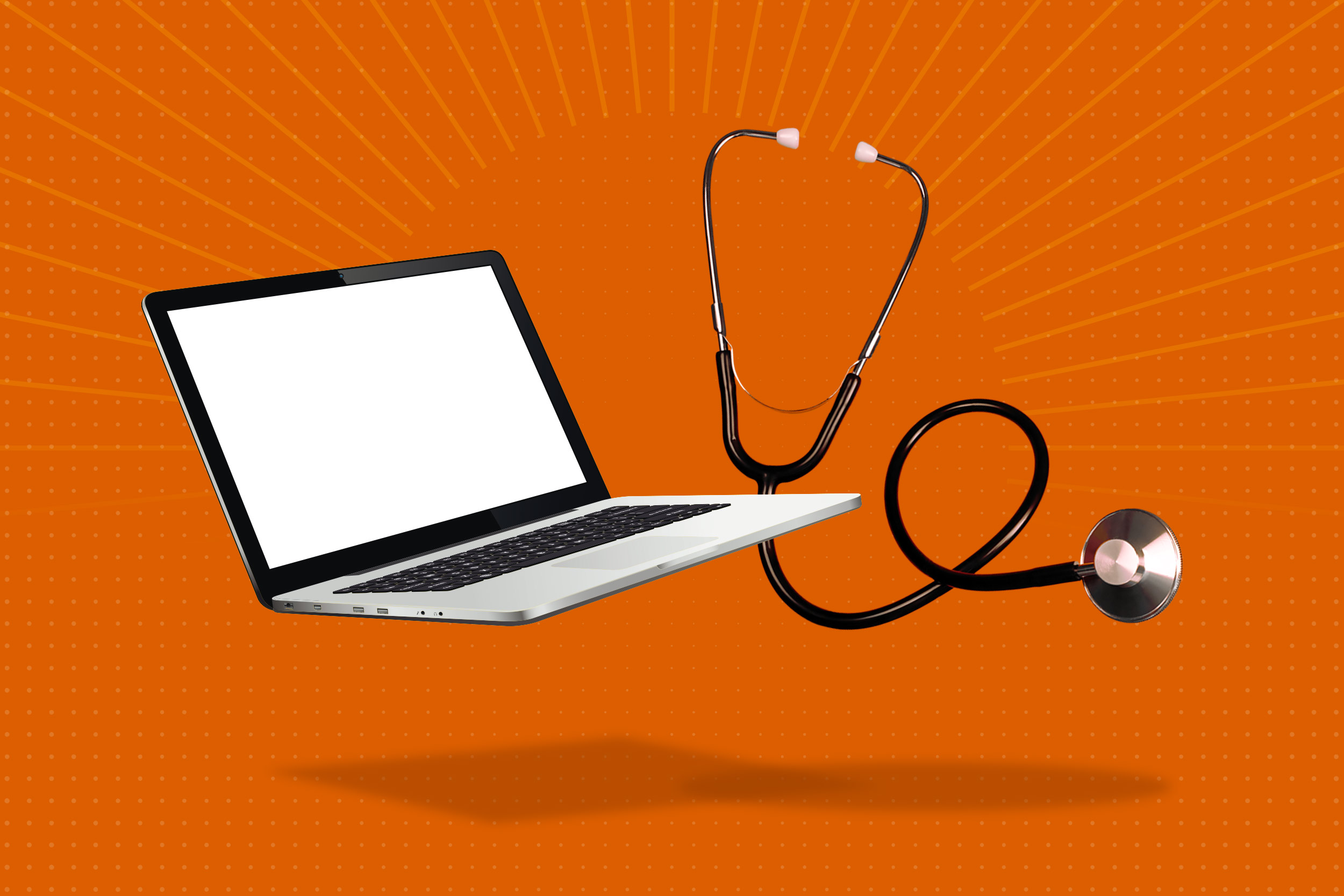 Computer and stethoscope on an orange background