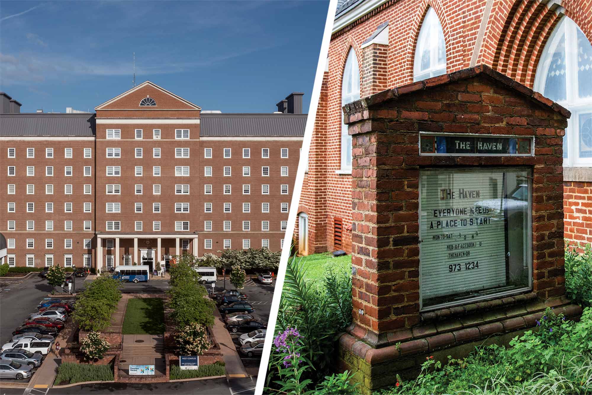 Left, UVa Health building, right, the sign outside of The Haven