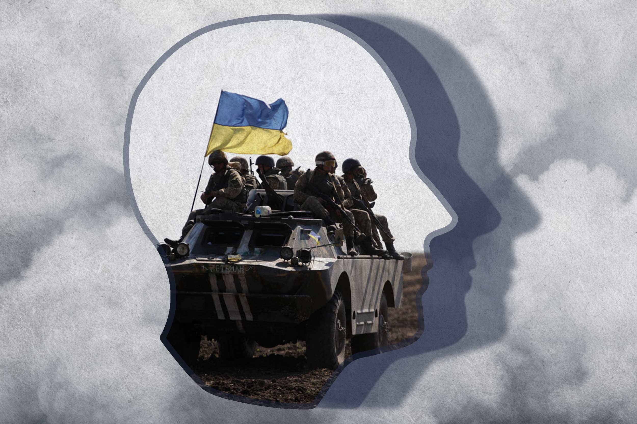 A shadowed outline of a human side profile with an image of Ukraine soldiers riding on a vehicle with the Ukraine flag