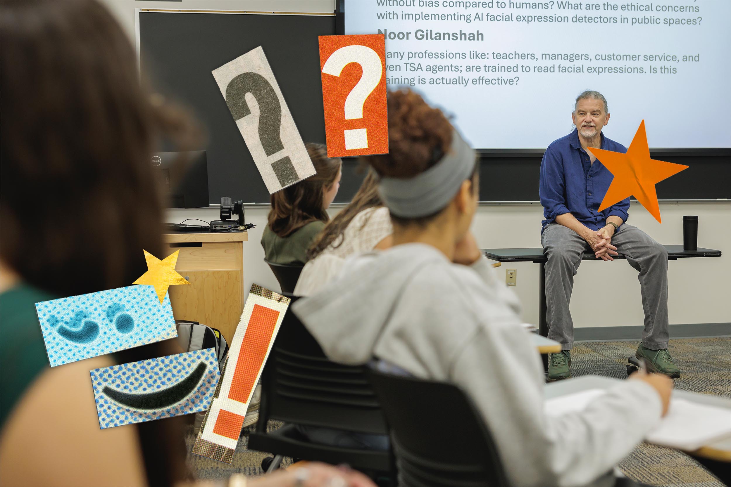 A classroom with a male instructor and students, discussing AI facial expression detectors, with colorful graphics suggesting curiosity.