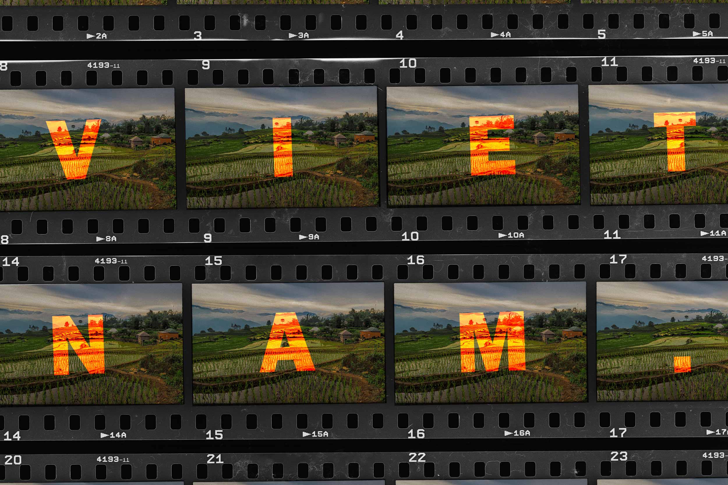 A photo illustration of two rows of film strips with "Vietnam" written across them