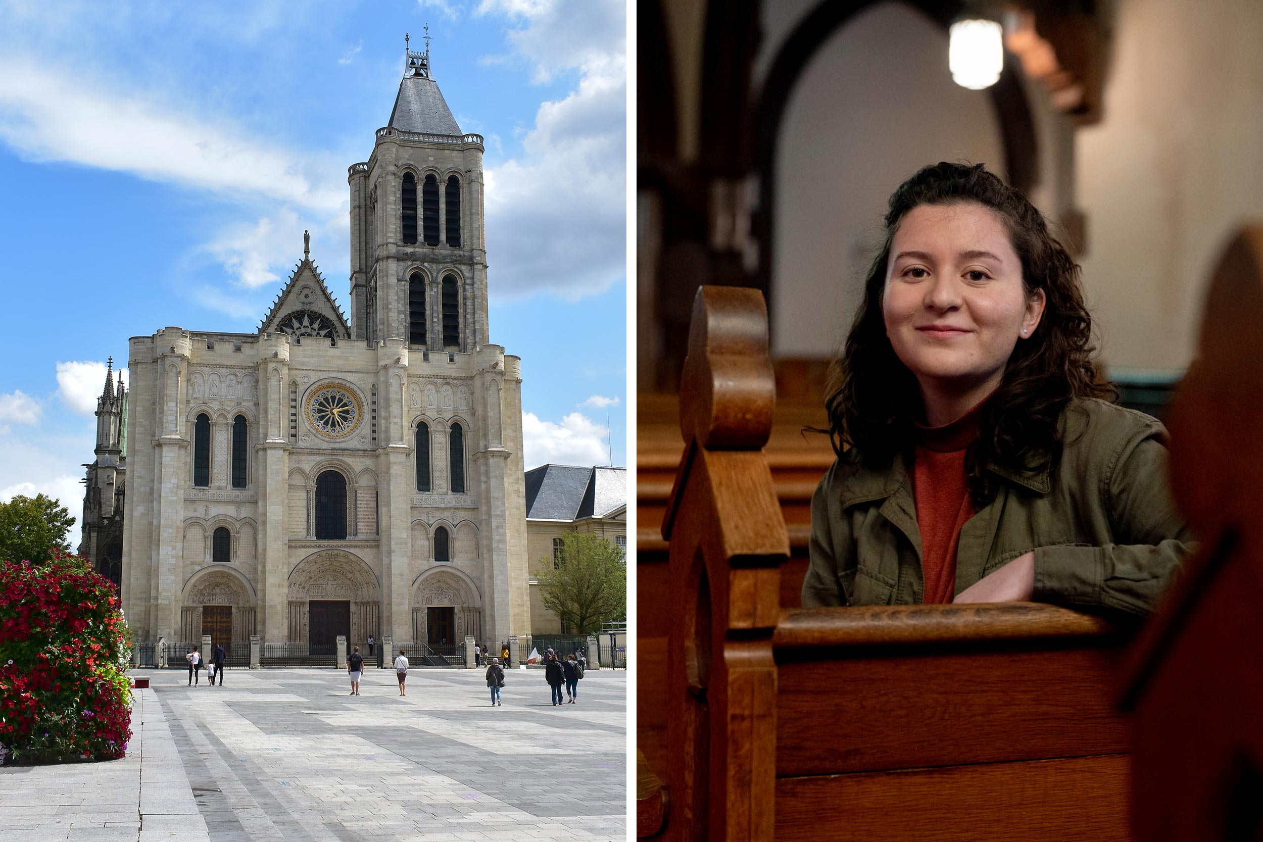 Left,12-century French abbey church Saint-Denis, and right, Martina Bucheli sitting on a church pew in the UVA Chapel