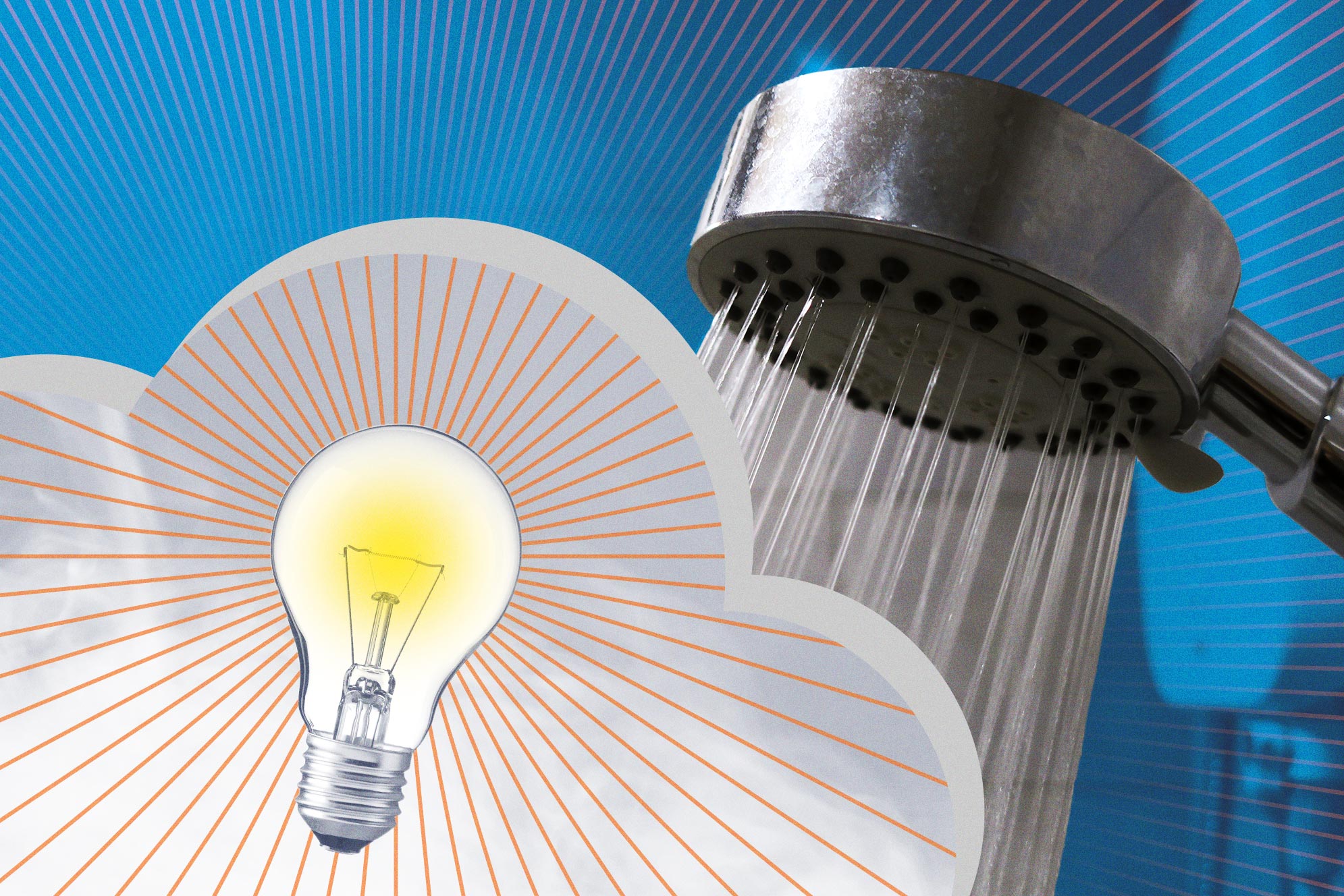 Illustration of a running shower and a lightbulb with steam clouds