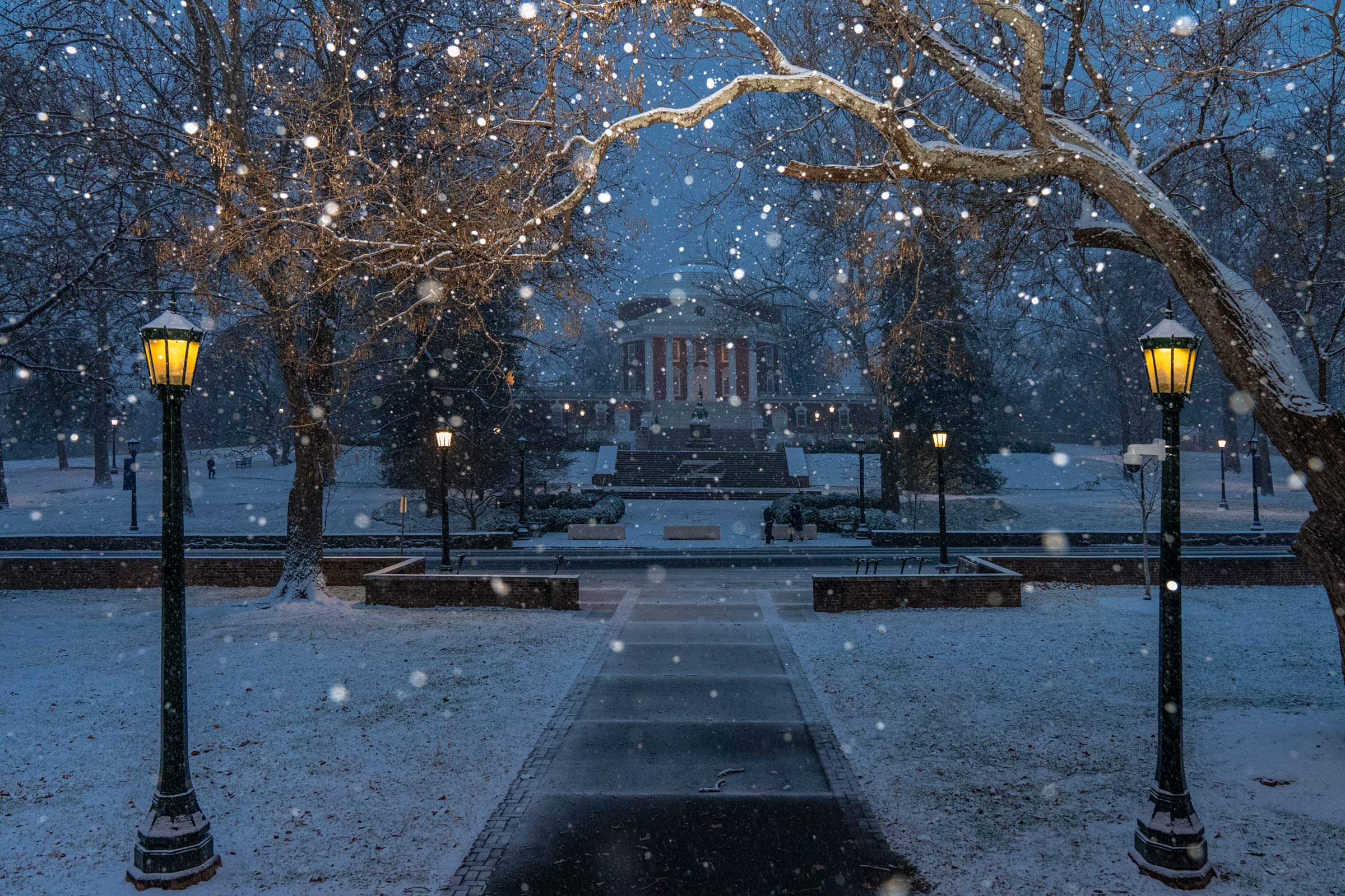 Snow falling in front of the Rotunda
