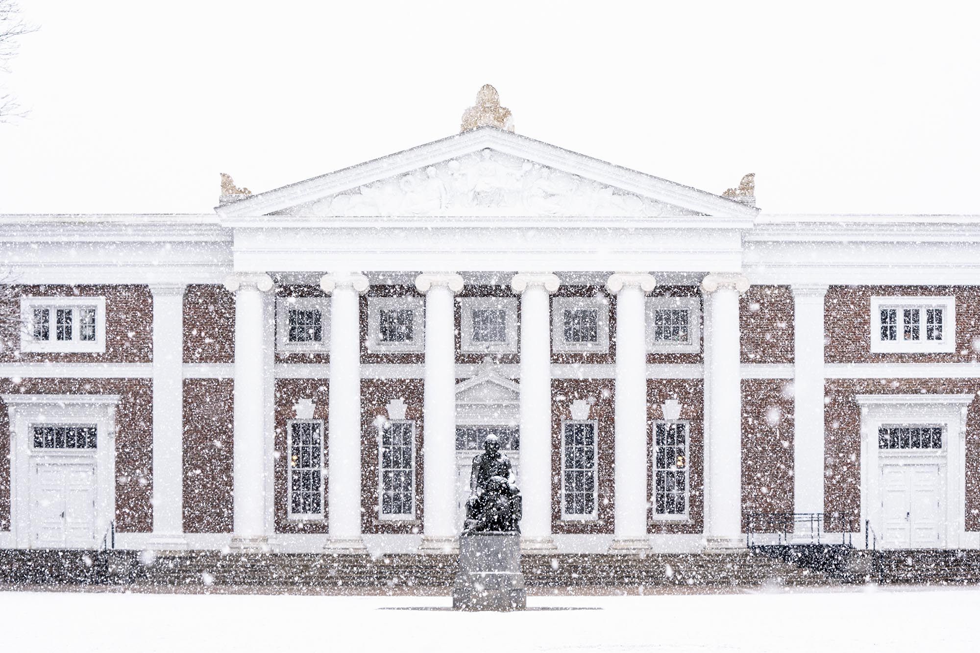 UVA Building while it is snowing