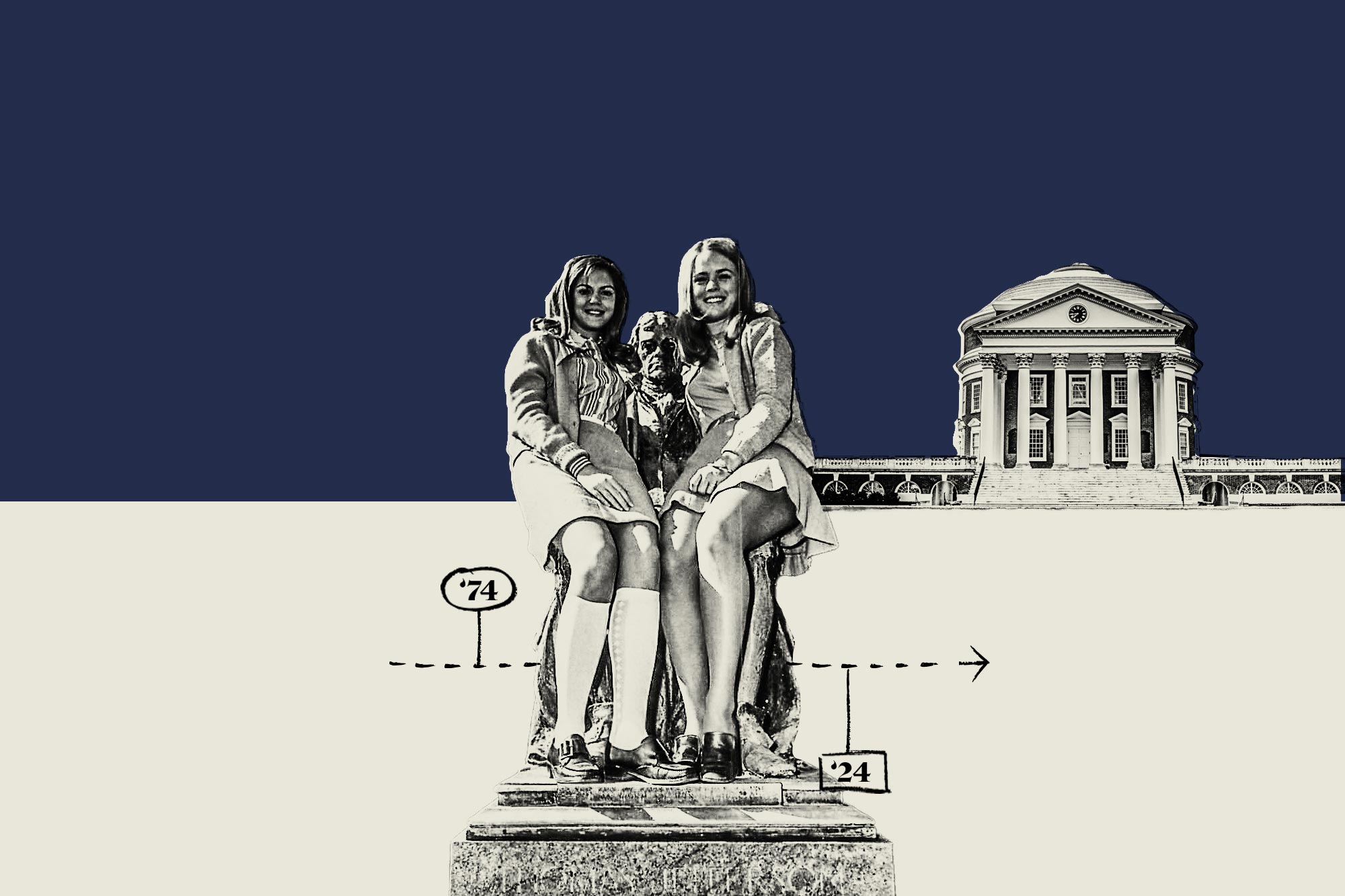 A line drawing and graphic illustrating two students posing with a statue in front of the Rotunda