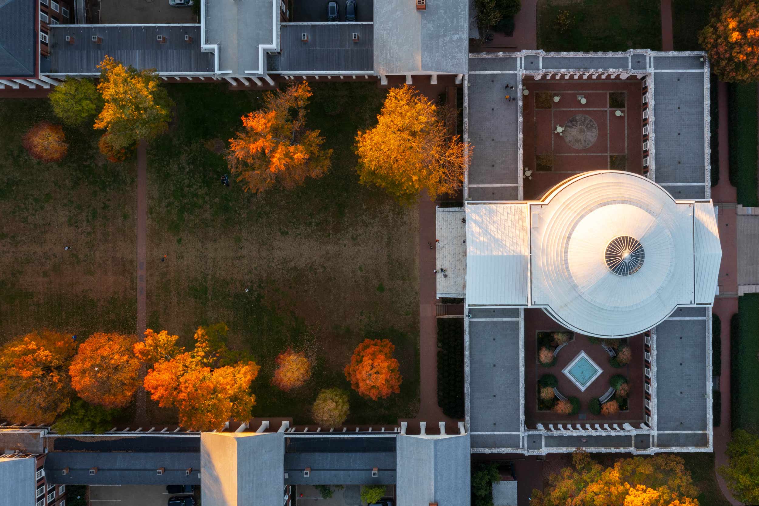 Aerial view of the Rotunda and the Lawn at sunset