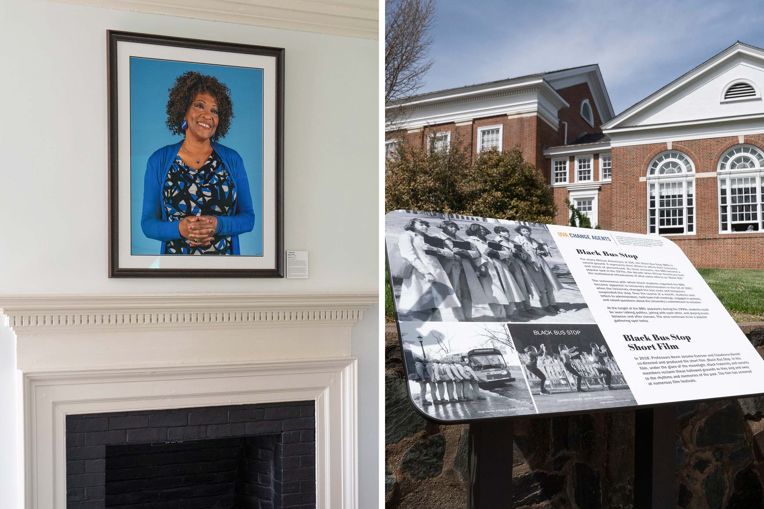 New portrait of Rita Dove and outside photo of the new plaque near Monroe Hall.