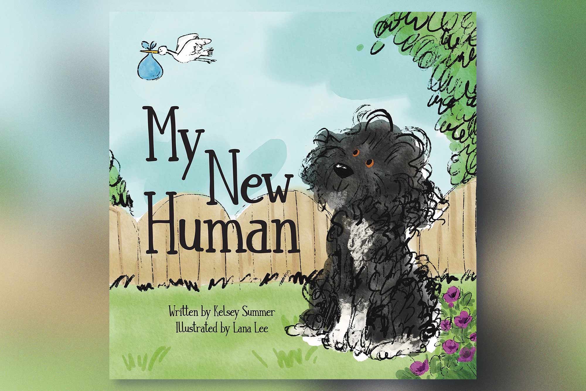The cover of a children's book called My New Human features a black and white labradoodle and a stork carrying a blue sack