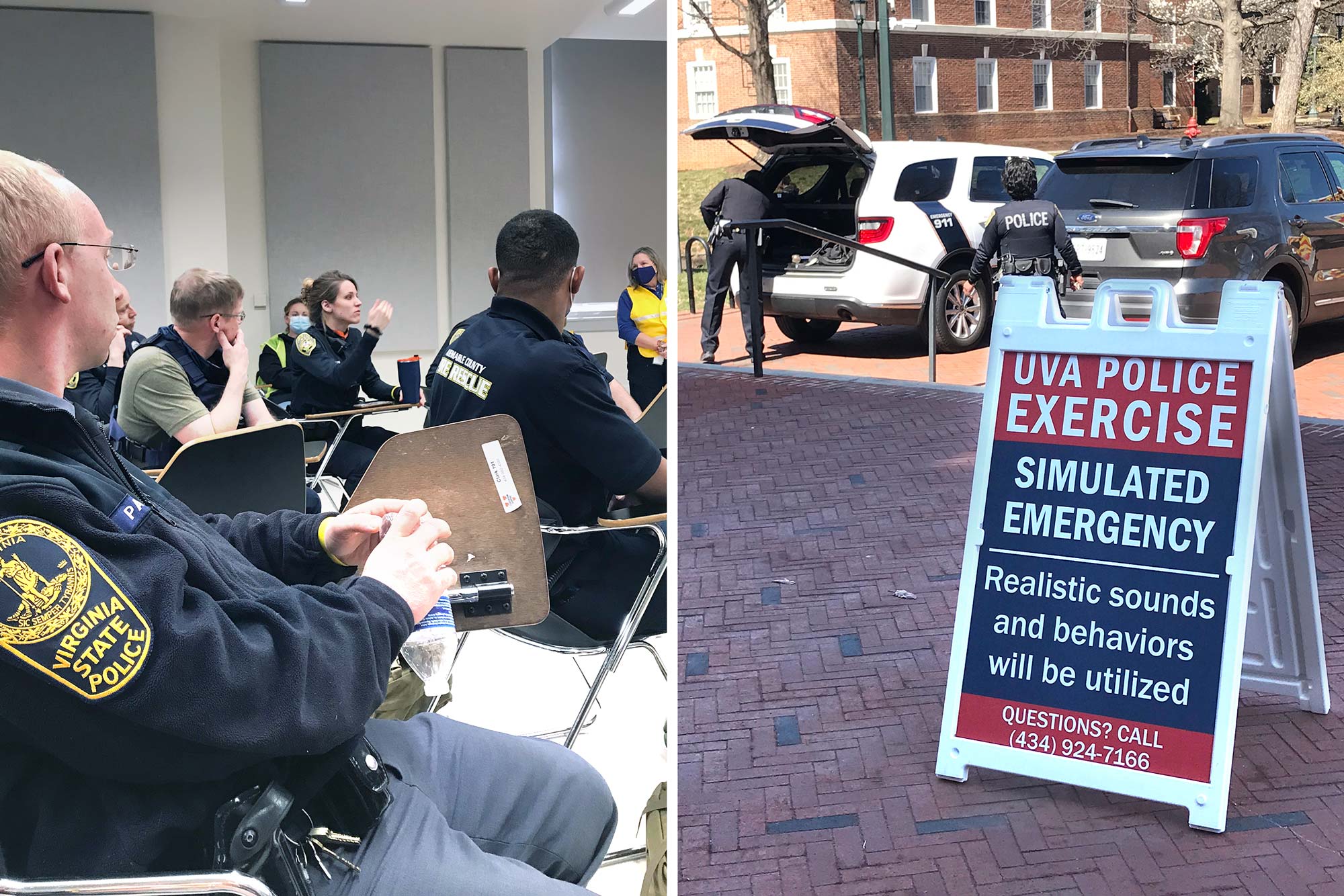 Left, police officers sitting at desks in a classroom. Right, a sandwich board sign reads UVA Police Exercise, Simulated Emergency, Realistic sounds and behaviors will be utilized