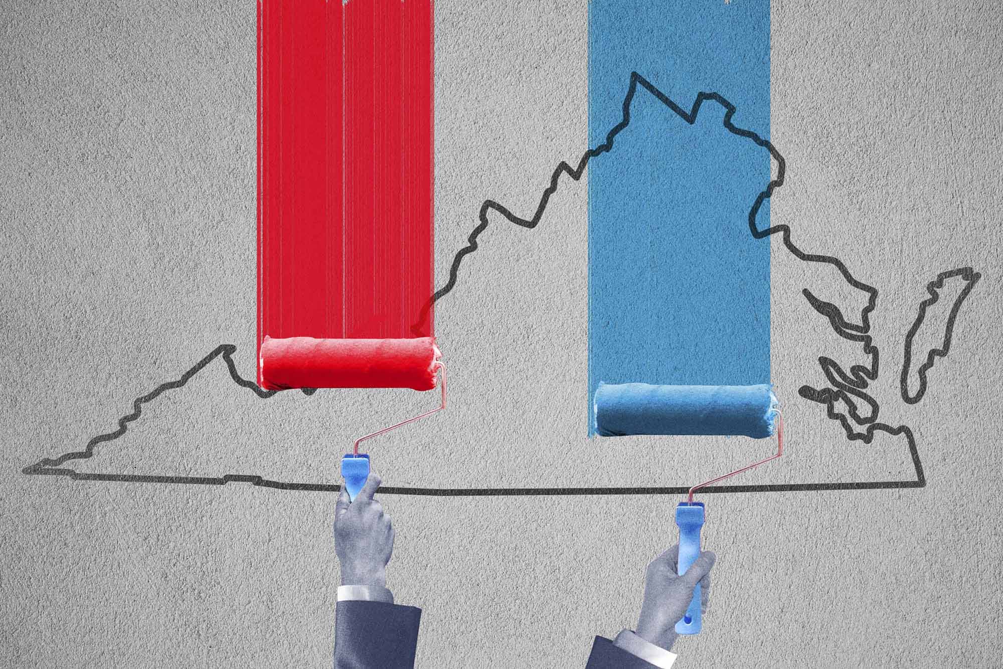 state of virginia with two paint rollers adding paint onto VA.  One roller is blue and one roller is red